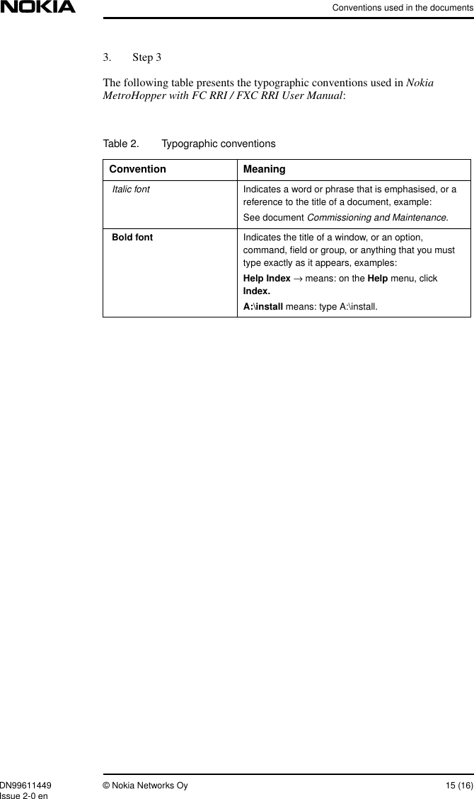 Conventions used in the documentsDN99611449 © Nokia Networks Oy 15 (16)Issue 2-0 en3. Step 3The following table presents the typographic conventions used in NokiaMetroHopper with FC RRI / FXC RRI User Manual:Table 2. Typographic conventionsConvention Meaning Italic fontIndicates a word or phrase that is emphasised, or areference to the title of a document, example:See documentCommissioning and Maintenance.Bold font Indicates the title of a window, or an option,command, ﬁeld or group, or anything that you musttype exactly as it appears, examples:Help Index → means: on the Help menu, clickIndex.A:\install means: type A:\install.