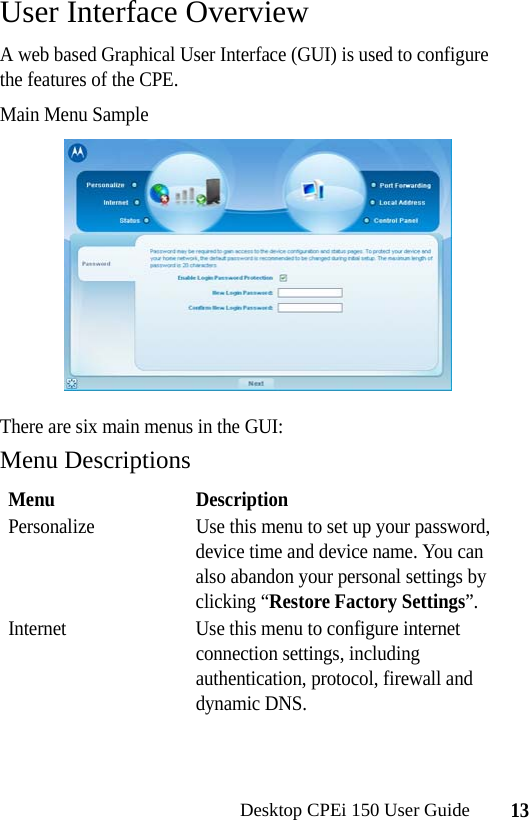 13Desktop CPEi 150 User GuideUser Interface OverviewA web based Graphical User Interface (GUI) is used to configure the features of the CPE. Main Menu SampleThere are six main menus in the GUI:Menu DescriptionsMenu DescriptionPersonalize Use this menu to set up your password, device time and device name. You can also abandon your personal settings by clicking “Restore Factory Settings”.Internet Use this menu to configure internet connection settings, including authentication, protocol, firewall and dynamic DNS.