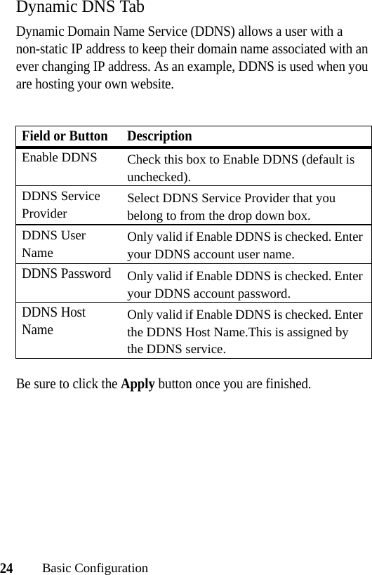 24Basic ConfigurationDynamic DNS TabDynamic Domain Name Service (DDNS) allows a user with a non-static IP address to keep their domain name associated with an ever changing IP address. As an example, DDNS is used when you are hosting your own website.Be sure to click the Apply button once you are finished.Field or Button DescriptionEnable DDNS Check this box to Enable DDNS (default is unchecked).DDNS Service Provider Select DDNS Service Provider that you belong to from the drop down box. DDNS User Name Only valid if Enable DDNS is checked. Enter your DDNS account user name.DDNS PasswordOnly valid if Enable DDNS is checked. Enter your DDNS account password.DDNS Host NameOnly valid if Enable DDNS is checked. Enter the DDNS Host Name.This is assigned by the DDNS service.