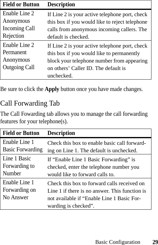29Basic ConfigurationBe sure to click the Apply button once you have made changes.Call Forwarding TabThe Call Fowarding tab allows you to manage the call forwarding features for your telephone(s).Enable Line 2 Anonymous Incoming Call RejectionIf Line 2 is your active telephone port, check this box if you would like to reject telephone calls from anonymous incoming callers. The default is checked.Enable Line 2 Permanent Anonymous Outgoing CallIf Line 2 is your active telephone port, check this box if you would like to permanently block your telephone number from appearing on others’ Caller ID. The default is unchecked.Field or Button DescriptionEnable Line 1 Basic ForwardingCheck this box to enable basic call forward-ing on Line 1. The default is unchecked.Line 1 Basic Forwarding to NumberIf “Enable Line 1 Basic Forwarding” is checked, enter the telephone number you would like to forward calls to.Enable Line 1 Forwarding on No AnswerCheck this box to forward calls received on Line 1 if there is no answer. This function is not available if “Enable Line 1 Basic For-warding is checked”.Field or Button Description
