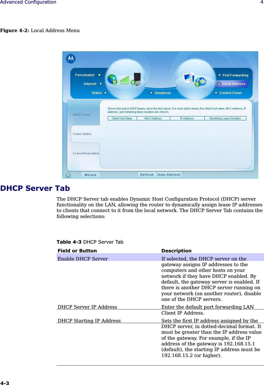 4-3Advanced Configuration 4Figure 4-2: Local Address MenuDHCP Server TabThe DHCP Server tab enables Dynamic Host Configuration Protocol (DHCP) server functionality on the LAN, allowing the router to dynamically assign lease IP addresses to clients that connect to it from the local network. The DHCP Server Tab contains the following selections:Table 4-3 DHCP Server TabField or Button DescriptionEnable DHCP Server If selected, the DHCP server on the gateway assigns IP addresses to the computers and other hosts on your network if they have DHCP enabled. By default, the gateway server is enabled. If there is another DHCP server running on your network (on another router), disable one of the DHCP servers.DHCP Server IP Address Enter the default port forwarding LAN Client IP Address. DHCP Starting IP Address Sets the first IP address assigned by the DHCP server, in dotted-decimal format. It must be greater than the IP address value of the gateway. For example, if the IP address of the gateway is 192.168.15.1 (default), the starting IP address must be 192.168.15.2 (or higher).