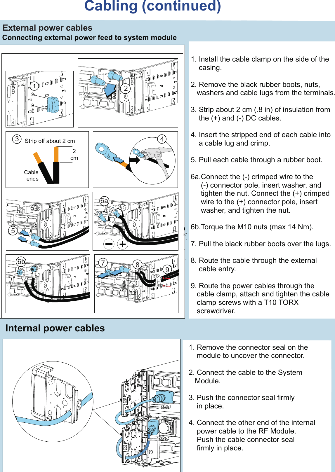 Connecting external power feed to system module1. Install the cable clamp on the side of the    casing.2. Remove the black rubber boots, nuts,    washers and cable lugs from the terminals.3. Strip about 2 cm (.8 in) of insulation from     the (+) and (-) DC cables.4. Insert the stripped end of each cable into    a cable lug and crimp.5. Pull each cable through a rubber boot.6a.Connect the (-) crimped wire to the      (-) connector pole, insert washer, and     tighten the nut. Connect the (+) crimped     wire to the (+) connector pole, insert     washer, and tighten the nut. 6b.Torque the M10 nuts (max 14 Nm).7. Pull the black rubber boots over the lugs.8. Route the cable through the external    cable entry.9. Route the power cables through the    cable clamp, attach and tighten the cable    clamp screws with a T10 TORX   screwdriver.Cabling (continued)External power cables12cm CableendsStrip off about 2 cm34256a7896bInternal power cables1. Remove the connector seal on the     module to uncover the connector.2. Connect the cable to the System   Module.3. Push the connector seal firmly    in place.4. Connect the other end of the internal     power cable to the RF Module.     Push the cable connector seal     firmly in place.