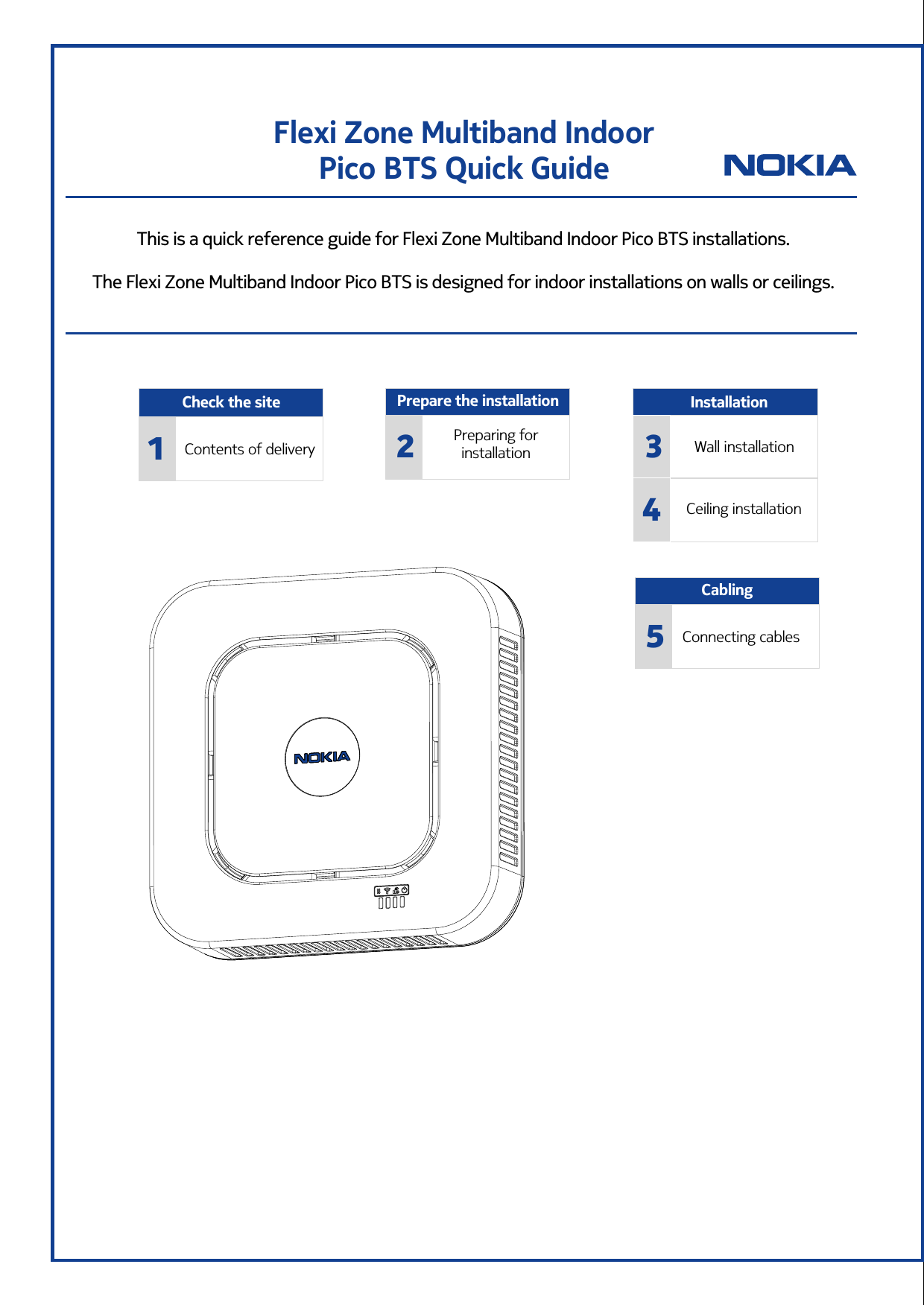 Flexi Zone Multiband Indoor  Pico BTS Quick GuideThis is a quick reference guide for Flexi Zone Multiband Indoor Pico BTS installations.The Flexi Zone Multiband Indoor Pico BTS is designed for indoor installations on walls or ceilings. Prepare the installationPreparing for installation2Check the site1Contents of deliveryWall installationCeiling installationInstallation34CablingConnecting cables5