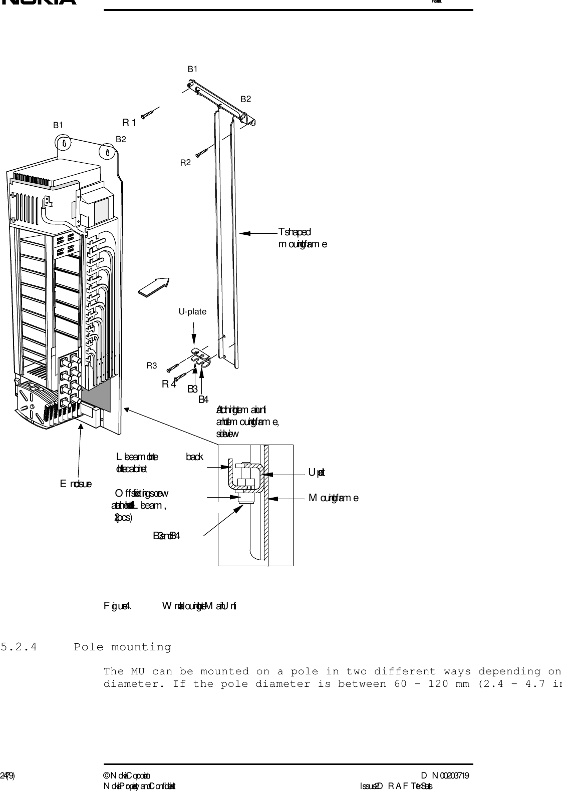 Installation24 (79) ©  N okia Corporation D N 00203719N okia Proprietary and C onf idential I ssue 2 D RAFT 1 - en StatusFigure 4. Wall m ounting the Main Unit5.2.4 Pole mountingThe MU can be mounted on a pole in two different ways depending ondiameter. If the pole diameter is between 60 - 120 mm (2.4 - 4.7 inEnclosureAttaching the main unitand the m ounting fram e,side viewL-beam  on the backof  the cabinetU-plateM ounting fram eR4R1T-shaped m ounting fram eR3R2B1B2U-plateB3 and B4B4B3O ffset fixing screwattached to the L-beam ,(2 pcs)B1B2