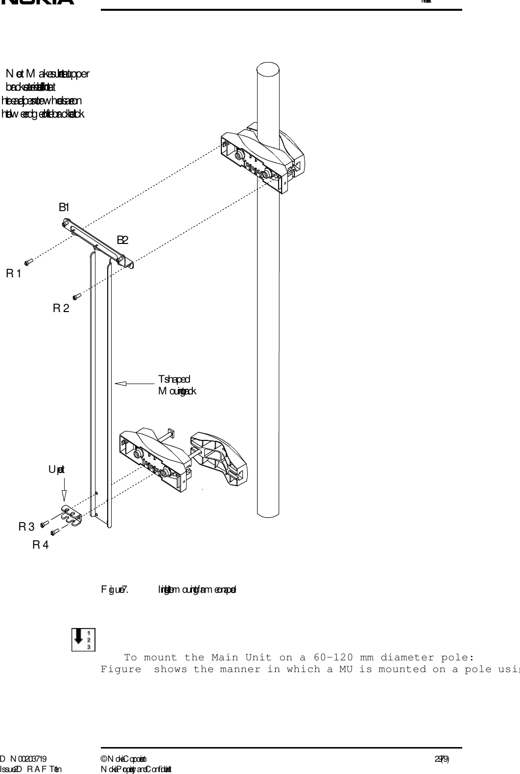 InstallationD N 00203719 ©  N okia Corporation 29 (79)I ssue 2 D RAFT 1 - en N okia Proprietary and C onf identialFigure 7. I nstalling the m ounting fram e on a poleTo mount the Main Unit on a 60-120 mm diameter pole:Figure  shows the manner in which a MU is mounted on a pole usinR3R4R1R2B1B2U-plateT-shapedM ounting rackNote:  Make sure that the upper brackets are installed so that thethree adjacent screw  holes are onthe low er edg e of  the bracket block.