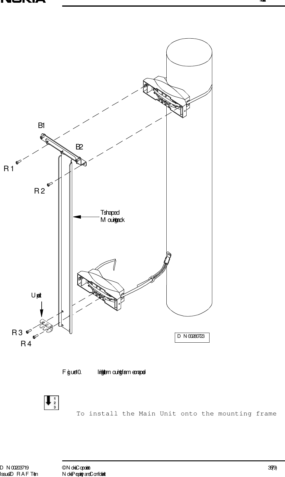 InstallationD N 00203719 ©  N okia Corporation 35 (79)I ssue 2 D RAFT 1 - en N okia Proprietary and C onf identialFigure 10. I nstalling the m ounting fram e on a poleTo install the Main Unit onto the mounting frameR3R4R1R2B1B2U-plateT- shaped M ounting rackD N 00280723