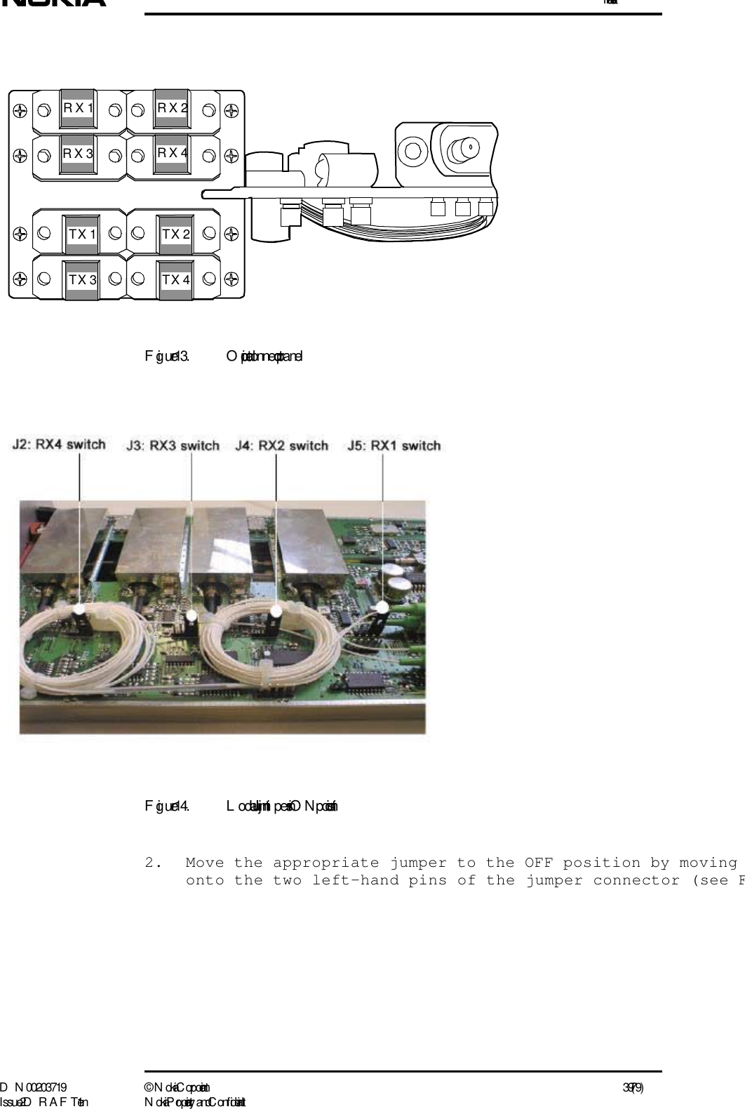 InstallationD N 00203719 ©  N okia Corporation 39 (79)I ssue 2 D RAFT 1 - en N okia Proprietary and C onf identialFigure 13. Optical connector panelFigure 14. L ocal Unit jum pers in ON position2. Move the appropriate jumper to the OFF position by moving onto the two left-hand pins of the jumper connector (see FRX  1RX  2RX  4RX  3TX  1TX 2TX  3TX 4