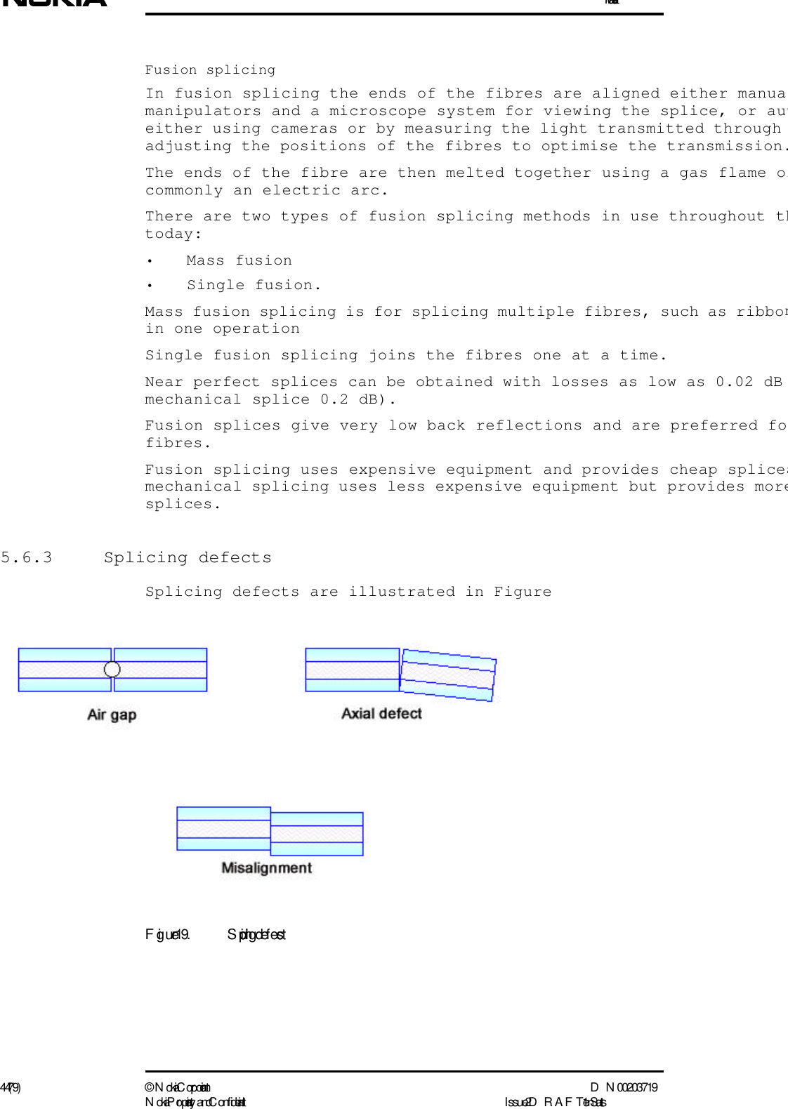 Installation44 (79) ©  N okia Corporation D N 00203719N okia Proprietary and C onf idential I ssue 2 D RAFT 1 - en StatusFusion splicingIn fusion splicing the ends of the fibres are aligned either manuamanipulators and a microscope system for viewing the splice, or auteither using cameras or by measuring the light transmitted through adjusting the positions of the fibres to optimise the transmission.The ends of the fibre are then melted together using a gas flame orcommonly an electric arc. There are two types of fusion splicing methods in use throughout thtoday:• Mass fusion• Single fusion.Mass fusion splicing is for splicing multiple fibres, such as ribbonin one operationSingle fusion splicing joins the fibres one at a time. Near perfect splices can be obtained with losses as low as 0.02 dB mechanical splice 0.2 dB).Fusion splices give very low back reflections and are preferred fofibres.Fusion splicing uses expensive equipment and provides cheap splicesmechanical splicing uses less expensive equipment but provides moresplices.5.6.3 Splicing defectsSplicing defects are illustrated in FigureFigure 19. Splicing def ects