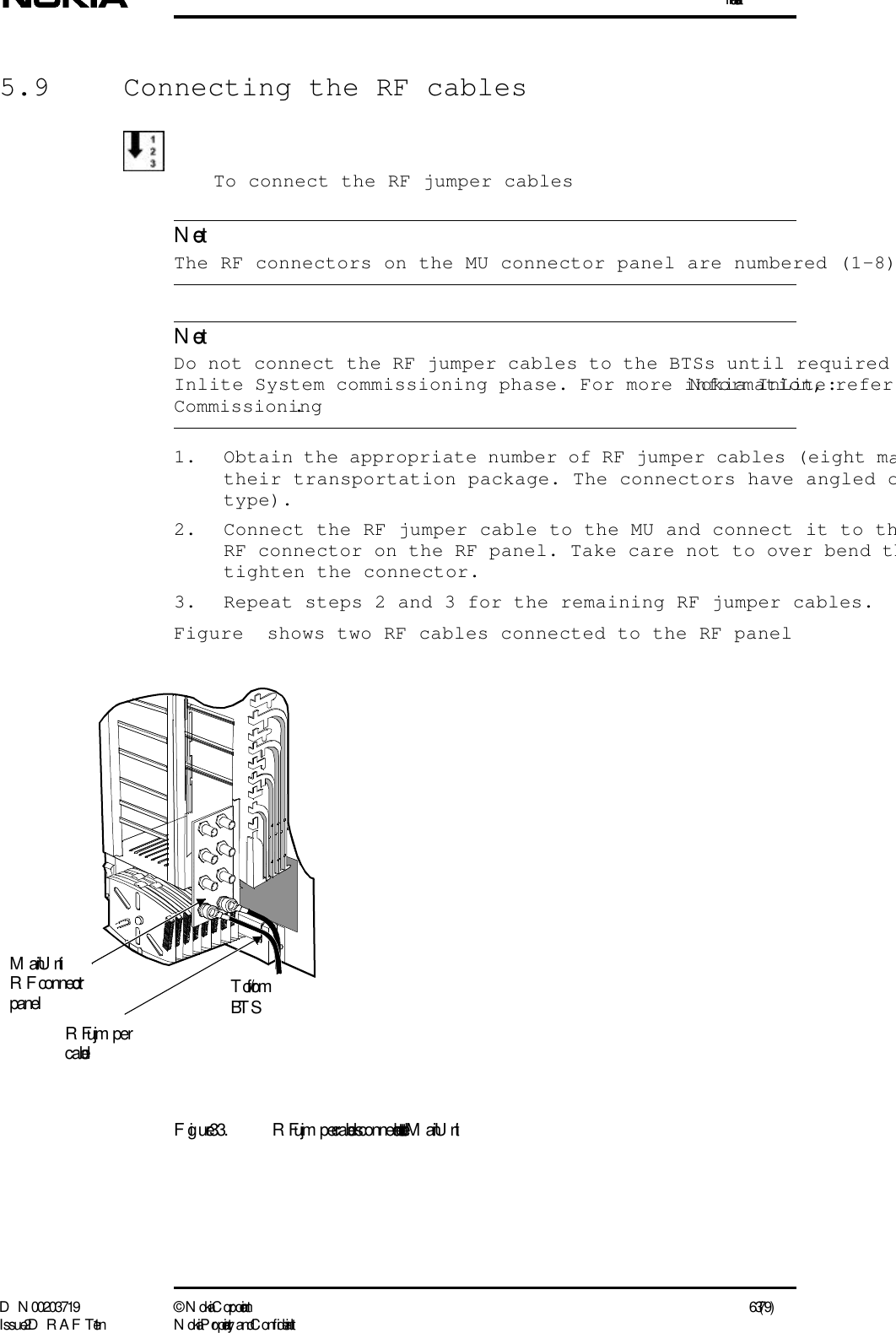 InstallationD N 00203719 ©  N okia Corporation 63 (79)I ssue 2 D RAFT 1 - en N okia Proprietary and C onf identialNoteNote5.9  Connecting the RF cablesTo connect the RF jumper cables The RF connectors on the MU connector panel are numbered (1-8)  Do not connect the RF jumper cables to the BTSs until required Inlite System commissioning phase. For more information, refer Nokia InLite: Commissioning.1. Obtain the appropriate number of RF jumper cables (eight matheir transportation package. The connectors have angled ctype).2. Connect the RF jumper cable to the MU and connect it to thRF connector on the RF panel. Take care not to over bend thtighten the connector. 3. Repeat steps 2 and 3 for the remaining RF jumper cables.Figure  shows two RF cables connected to the RF panelFigure 33. RF jum per cables connected to the Main UnitRF jum percableTo/fromBT SMain UnitRF connector panel