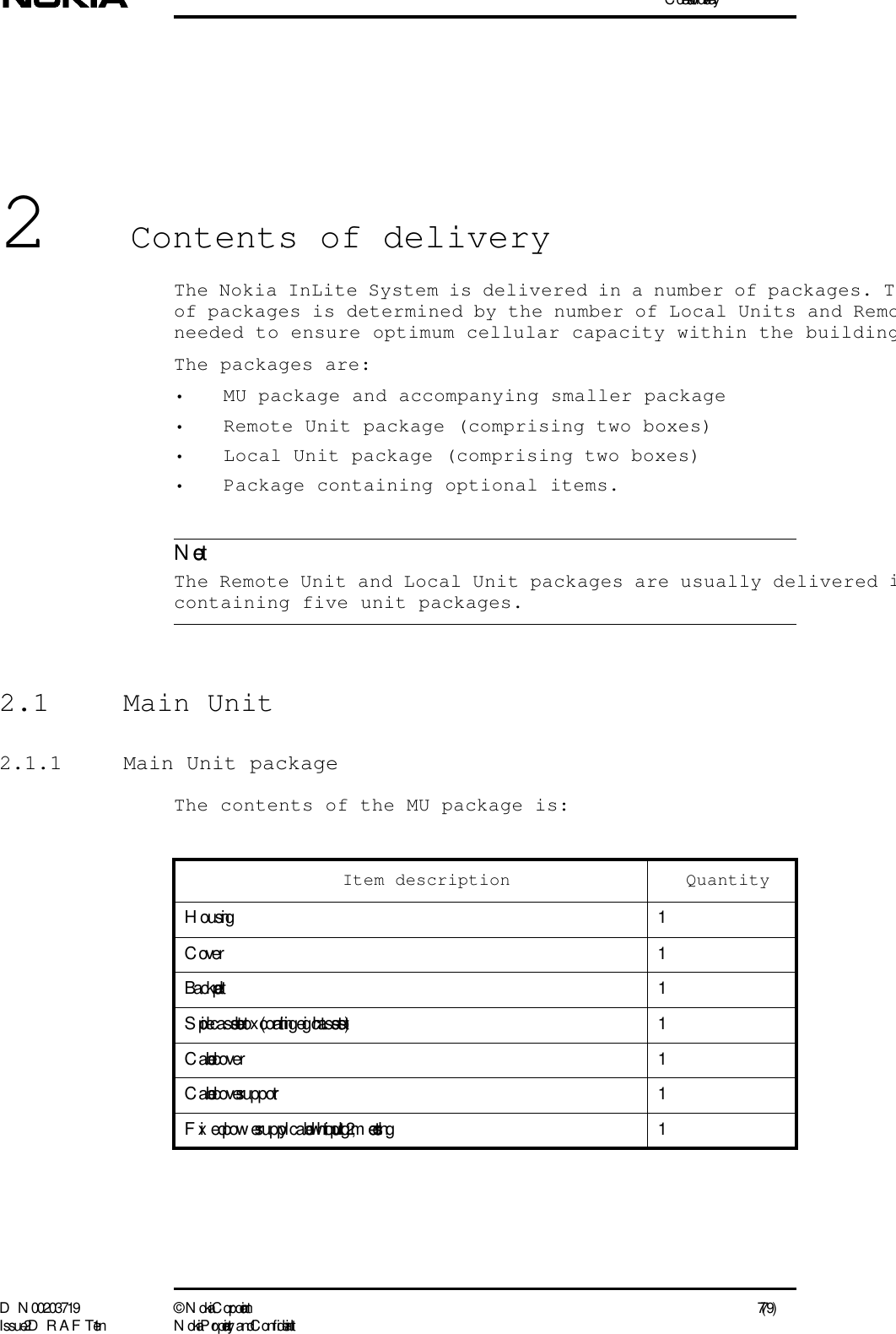 C ontents of  deliveryD N 00203719 ©  N okia Corporation 7 (79)I ssue 2 D RAFT 1 - en N okia Proprietary and C onf identialNote2Contents of deliveryThe Nokia InLite System is delivered in a number of packages. Tof packages is determined by the number of Local Units and Remoneeded to ensure optimum cellular capacity within the buildingThe packages are:• MU package and accompanying smaller package• Remote Unit package (comprising two boxes)• Local Unit package (comprising two boxes)• Package containing optional items.  The Remote Unit and Local Unit packages are usually delivered icontaining five unit packages.2.1 Main Unit 2.1.1  Main Unit packageThe contents of the MU package is: Item description QuantityH ousing1C over 1Backplate1Splice cassette box  (containing eight cassettes) 1C able cover 1C able cover support1Fix ed pow er supply cable without plug , 2 meters long 1