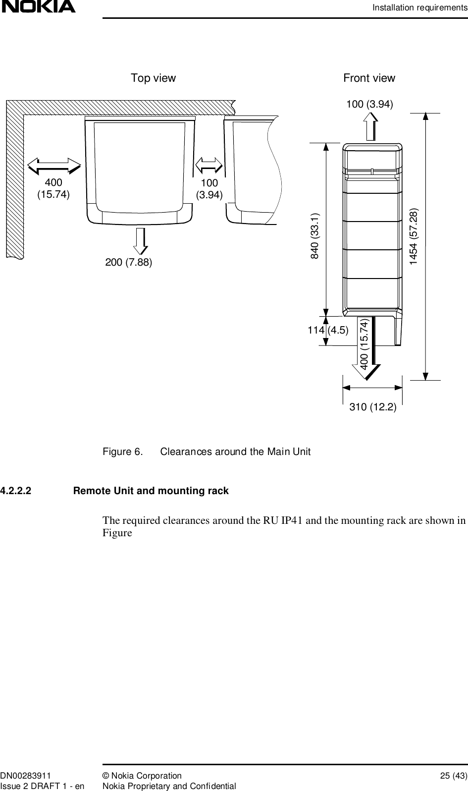 Installation requirementsDN00283911 © Nokia Corporation 25 (43)Issue 2 DRAFT 1 - en Nokia Proprietary and ConfidentialFigure 6.  Clearances around the Main Unit4.2.2.2  Remote Unit and mounting rackThe required clearances around the RU IP41 and the mounting rack are shown in Figure Front view200 (7.88)400(15.74)840 (33.1)310 (12.2)100 (3.94)Top view1454 (57.28)100(3.94)114 (4.5)400 (15.74)