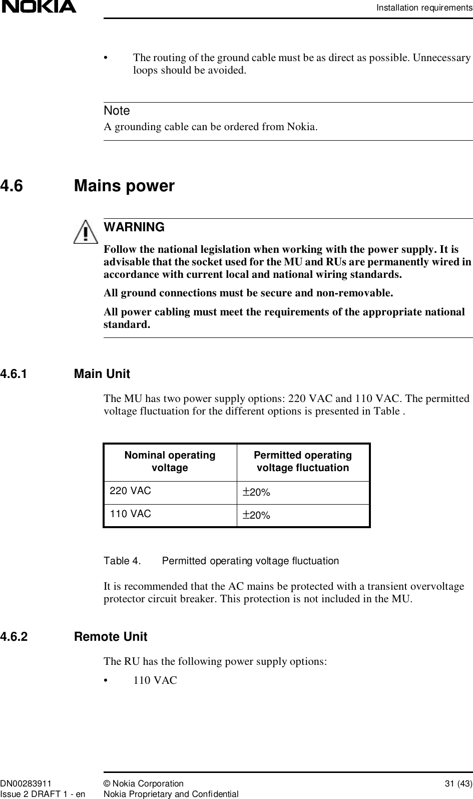 Installation requirementsDN00283911 © Nokia Corporation 31 (43)Issue 2 DRAFT 1 - en Nokia Proprietary and ConfidentialNoteWARNING•The routing of the ground cable must be as direct as possible. Unnecessary loops should be avoided. A grounding cable can be ordered from Nokia.4.6  Mains power Follow the national legislation when working with the power supply. It is advisable that the socket used for the MU and RUs are permanently wired in accordance with current local and national wiring standards. All ground connections must be secure and non-removable. All power cabling must meet the requirements of the appropriate national standard.4.6.1  Main UnitThe MU has two power supply options: 220 VAC and 110 VAC. The permitted voltage fluctuation for the different options is presented in Table .Table 4.  Permitted operating voltage fluctuationIt is recommended that the AC mains be protected with a transient overvoltage protector circuit breaker. This protection is not included in the MU.4.6.2  Remote UnitThe RU has the following power supply options:•110 VACNominal operating voltage Permitted operating voltage fluctuation220 VAC ±20%110 VAC ±20%