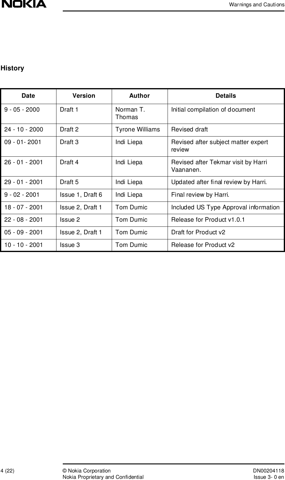 Warnings and Cautions4 (22)© Nokia Corporation DN00204118Nokia Proprietary and ConfidentialIssue 3- 0 enHistoryDate Version Author Details9 - 05 - 2000 Draft 1Norman T. Thomas Initial compilation of document24 - 10 - 2000 Draft 2Tyrone WilliamsRevised draft09 - 01- 2001 Draft 3Indi Liepa Revised after subject matter expert review26 - 01 - 2001 Draft 4Indi Liepa Revised after Tekmar visit by Harri Vaananen.29 - 01 - 2001 Draft 5Indi Liepa Updated after final review by Harri.9 - 02 - 2001 Issue 1, Draft 6Indi Liepa Final review by Harri.18 - 07 - 2001 Issue 2, Draft 1Tom DumicIncluded US Type Approval information22 - 08 - 2001 Issue 2 Tom DumicRelease for Product v1.0.105 - 09 - 2001 Issue 2, Draft 1Tom DumicDraft for Product v210 - 10 - 2001 Issue 3 Tom DumicRelease for Product v2