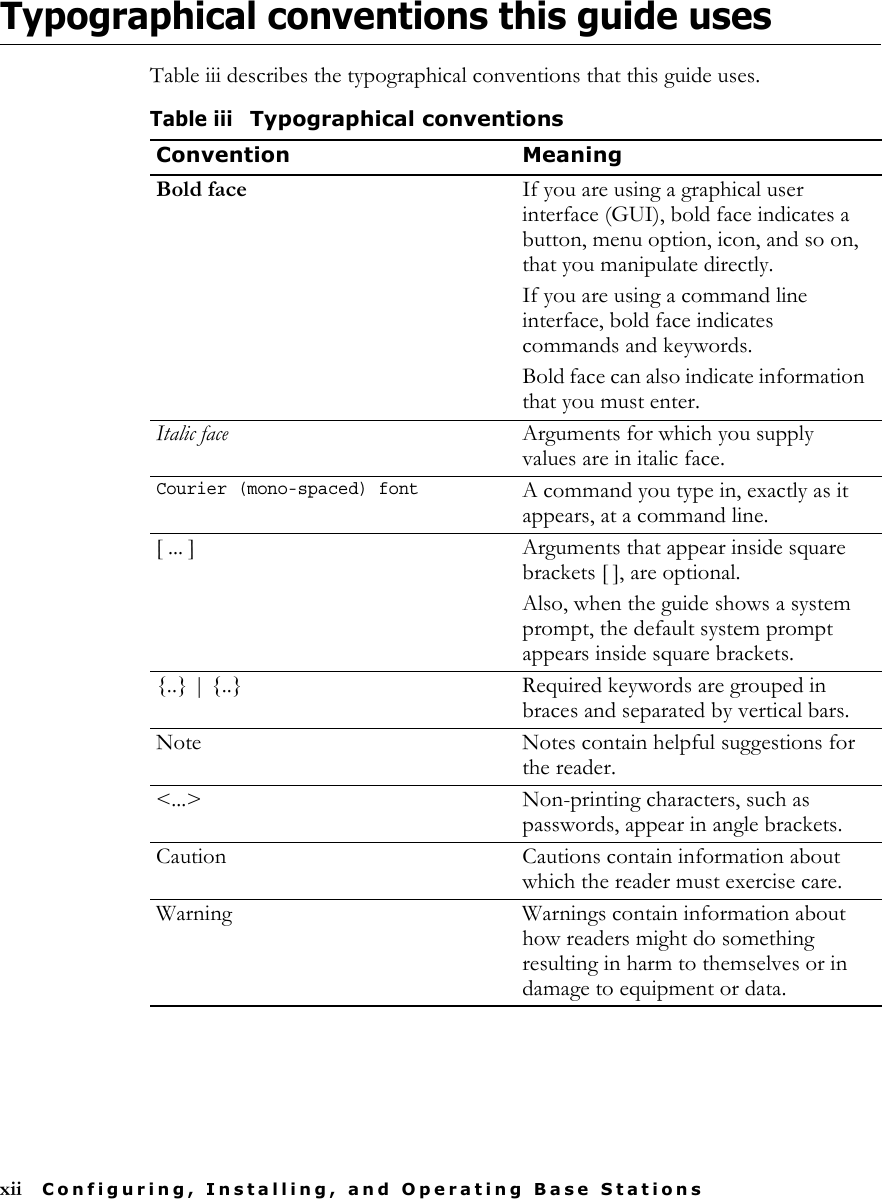 xii Configuring, Installing, and Operating Base StationsTypographical conventions this guide usesTable iii describes the typographical conventions that this guide uses.Table iiiTypographical conventionsConvention MeaningBold face If you are using a graphical user interface (GUI), bold face indicates a button, menu option, icon, and so on, that you manipulate directly.If you are using a command line interface, bold face indicates commands and keywords.Bold face can also indicate information that you must enter.Italic face Arguments for which you supply values are in italic face.Courier (mono-spaced) fontA command you type in, exactly as it appears, at a command line.[ ... ] Arguments that appear inside square brackets [ ], are optional.Also, when the guide shows a system prompt, the default system prompt appears inside square brackets.{..} | {..} Required keywords are grouped in braces and separated by vertical bars.Note Notes contain helpful suggestions for the reader.&lt;...&gt; Non-printing characters, such as passwords, appear in angle brackets.Caution Cautions contain information about which the reader must exercise care.Warning Warnings contain information about how readers might do something resulting in harm to themselves or in damage to equipment or data.