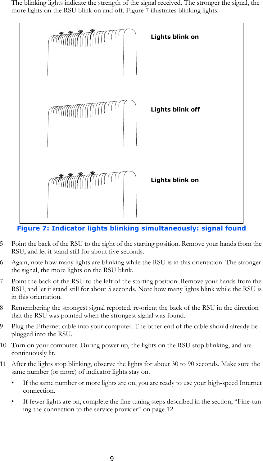 9The blinking lights indicate the strength of the signal received. The stronger the signal, the more lights on the RSU blink on and off. Figure 7 illustrates blinking lights.5 Point the back of the RSU to the right of the starting position. Remove your hands from the RSU, and let it stand still for about five seconds. 6 Again, note how many lights are blinking while the RSU is in this orientation. The stronger the signal, the more lights on the RSU blink.7 Point the back of the RSU to the left of the starting position. Remove your hands from the RSU, and let it stand still for about 5 seconds. Note how many lights blink while the RSU is in this orientation. 8 Remembering the strongest signal reported, re-orient the back of the RSU in the direction that the RSU was pointed when the strongest signal was found. 9 Plug the Ethernet cable into your computer. The other end of the cable should already be plugged into the RSU.10 Turn on your computer. During power up, the lights on the RSU stop blinking, and are continuously lit. 11 After the lights stop blinking, observe the lights for about 30 to 90 seconds. Make sure the same number (or more) of indicator lights stay on.• If the same number or more lights are on, you are ready to use your high-speed Internet connection.• If fewer lights are on, complete the fine tuning steps described in the section, “Fine-tun-ing the connection to the service provider” on page 12.Figure 7: Indicator lights blinking simultaneously: signal foundLights blink onLights blink offLights blink on