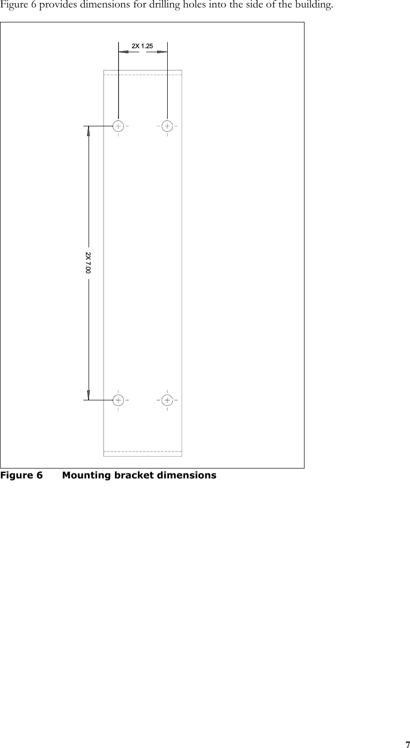 7Figure 6 provides dimensions for drilling holes into the side of the building.Figure 6 Mounting bracket dimensions2X 1.252X 7.00