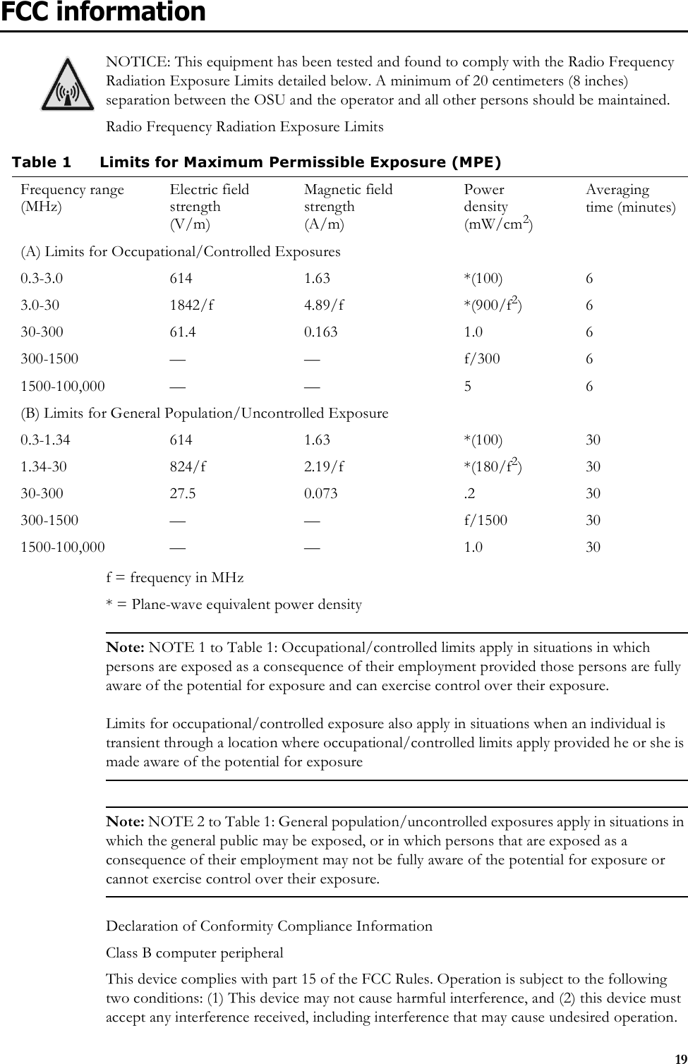 19FCC informationNOTICE: This equipment has been tested and found to comply with the Radio Frequency Radiation Exposure Limits detailed below. A minimum of 20 centimeters (8 inches) separation between the OSU and the operator and all other persons should be maintained.Radio Frequency Radiation Exposure Limitsf = frequency in MHz* = Plane-wave equivalent power densityNote: NOTE 1 to Table 1: Occupational/controlled limits apply in situations in which persons are exposed as a consequence of their employment provided those persons are fully aware of the potential for exposure and can exercise control over their exposure.Limits for occupational/controlled exposure also apply in situations when an individual is transient through a location where occupational/controlled limits apply provided he or she is made aware of the potential for exposureNote: NOTE 2 to Table 1: General population/uncontrolled exposures apply in situations in which the general public may be exposed, or in which persons that are exposed as a consequence of their employment may not be fully aware of the potential for exposure or cannot exercise control over their exposure.Declaration of Conformity Compliance InformationClass B computer peripheralThis device complies with part 15 of the FCC Rules. Operation is subject to the following two conditions: (1) This device may not cause harmful interference, and (2) this device must accept any interference received, including interference that may cause undesired operation. Table 1 Limits for Maximum Permissible Exposure (MPE)Frequency range (MHz)Electric field strength (V/m)Magnetic field strength (A/m)Power density (mW/cm2)Averaging time (minutes)(A) Limits for Occupational/Controlled Exposures0.3-3.0 614 1.63 *(100) 63.0-30 1842/f 4.89/f *(900/f2)630-300 61.4 0.163 1.0 6300-1500 — — f/300 61500-100,000 — — 5 6(B) Limits for General Population/Uncontrolled Exposure0.3-1.34 614 1.63 *(100) 301.34-30 824/f 2.19/f *(180/f2)3030-300 27.5 0.073 .2 30300-1500 — — f/1500 301500-100,000 — — 1.0 30