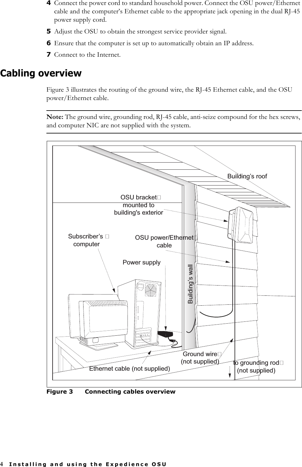 4Installing and using the Expedience OSU4Connect the power cord to standard household power. Connect the OSU power/Ethernet cable and the computer’s Ethernet cable to the appropriate jack opening in the dual RJ-45 power supply cord.5Adjust the OSU to obtain the strongest service provider signal.6Ensure that the computer is set up to automatically obtain an IP address.7Connect to the Internet.Cabling overviewFigure 3 illustrates the routing of the ground wire, the RJ-45 Ethernet cable, and the OSU power/Ethernet cable. Note: The ground wire, grounding rod, RJ-45 cable, anti-seize compound for the hex screws, and computer NIC are not supplied with the system.Figure 3 Connecting cables overviewBuilding’s roofBuilding’s wallOSU bracketmounted tobuilding&apos;s exteriorto grounding rod(not supplied)Power supplyEthernet cable (not supplied)Subscriber’s computerGround wire(not supplied)OSU power/Ethernetcable