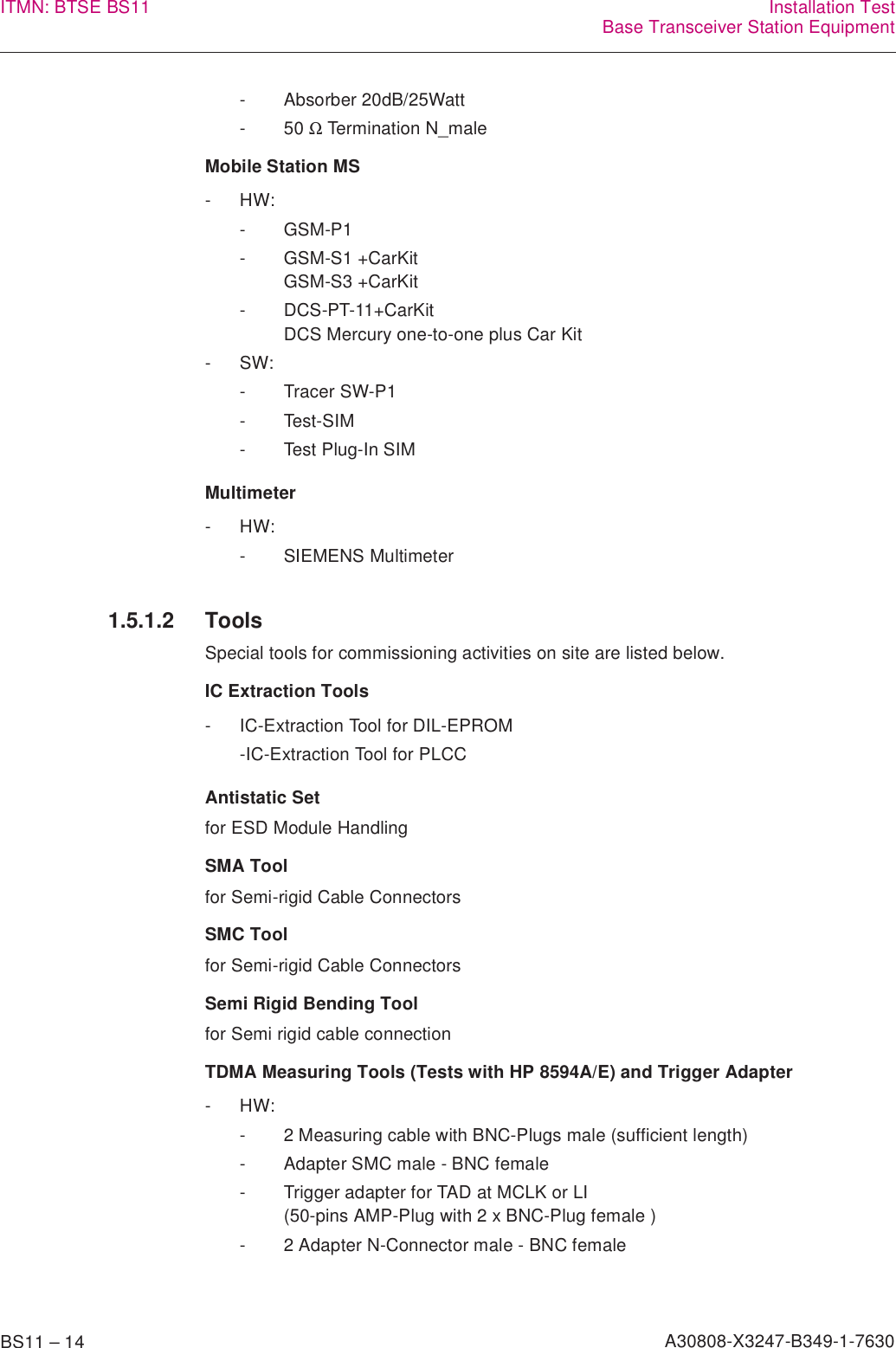 BS11 – 14 A30808-X3247-B349-1-7630ITMN: BTSE BS11 Installation TestBase Transceiver Station EquipmentMobile Station MSMultimeter1.5.1.2 ToolsSpecial tools for commissioning activities on site are listed below.IC Extraction ToolsAntistatic Setfor ESD Module HandlingSMA Toolfor Semi-rigid Cable ConnectorsSMC Toolfor Semi-rigid Cable ConnectorsSemi Rigid Bending Toolfor Semi rigid cable connectionTDMA Measuring Tools (Tests with HP 8594A/E) and Trigger Adapter- Absorber 20dB/25Watt-50 Ω Termination N_male-HW:-GSM-P1- GSM-S1 +CarKitGSM-S3 +CarKit- DCS-PT-11+CarKitDCS Mercury one-to-one plus Car Kit-SW:- Tracer SW-P1- Test-SIM- Test Plug-In SIM-HW:- SIEMENS Multimeter- IC-Extraction Tool for DIL-EPROM-IC-Extraction Tool for PLCC-HW:- 2 Measuring cable with BNC-Plugs male (sufficient length)- Adapter SMC male - BNC female- Trigger adapter for TAD at MCLK or LI(50-pins AMP-Plug with 2 x BNC-Plug female )- 2 Adapter N-Connector male - BNC female