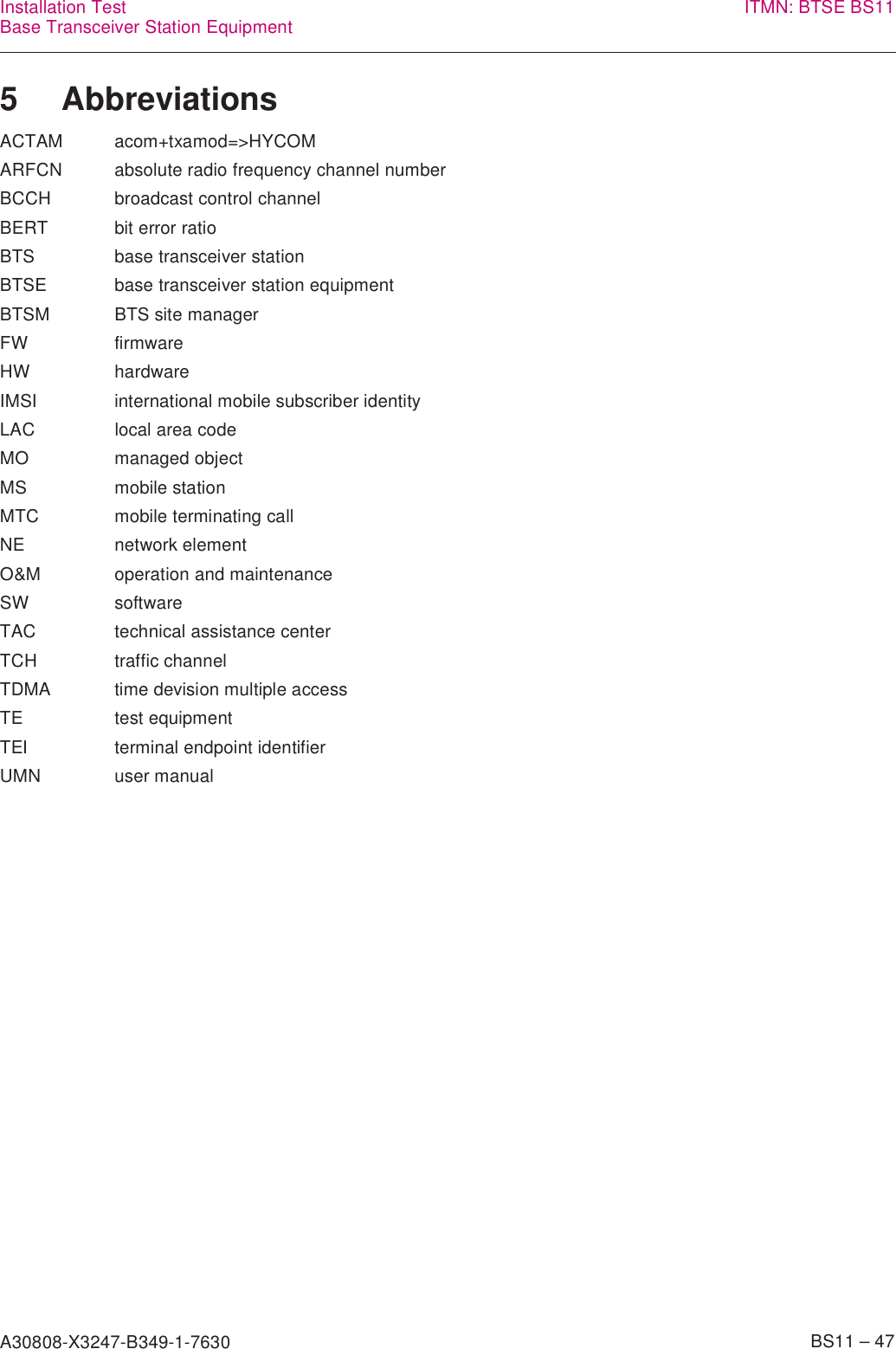 A30808-X3247-B349-1-7630    BS11 – 47Installation TestBase Transceiver Station Equipment ITMN: BTSE BS115 AbbreviationsACTAM acom+txamod=&gt;HYCOM ARFCN absolute radio frequency channel number BCCH broadcast control channel BERT bit error ratio BTS base transceiver station BTSE base transceiver station equipment BTSM BTS site manager FW firmware HW hardware IMSI international mobile subscriber identity LAC local area code MO managed object MS mobile station MTC mobile terminating call NE network element O&amp;M operation and maintenance SW software TAC technical assistance center TCH traffic channel TDMA time devision multiple access TE test equipment TEI terminal endpoint identifier UMN user manual 