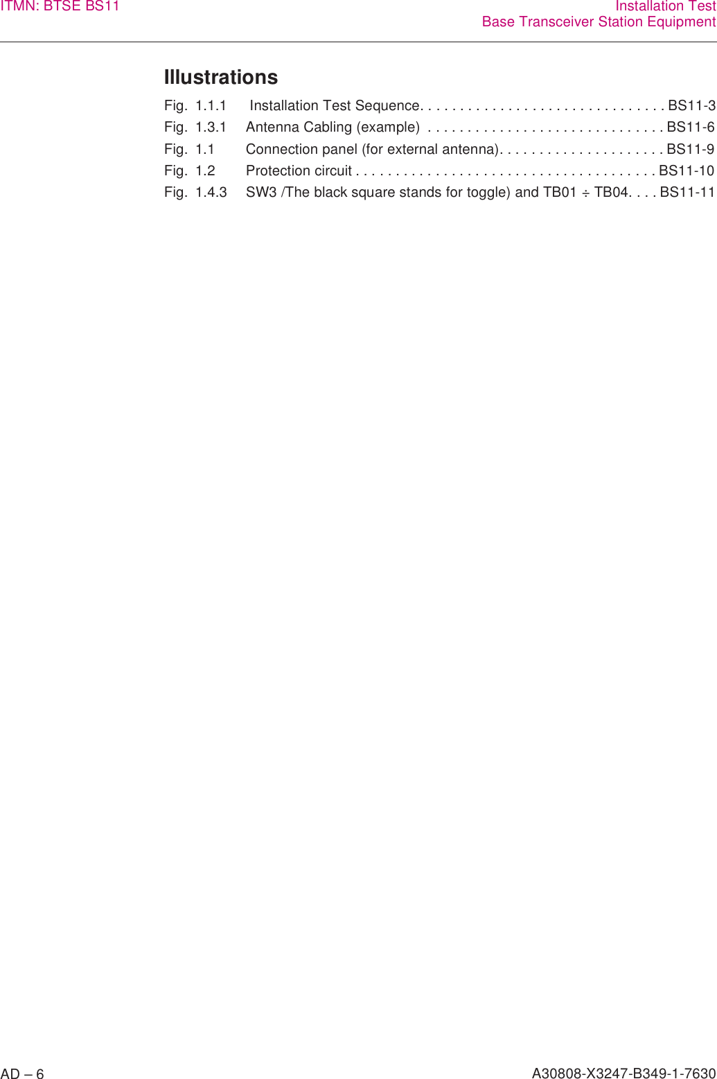 AD – 6 A30808-X3247-B349-1-7630ITMN: BTSE BS11 Installation TestBase Transceiver Station EquipmentIllustrationsFig. 1.1.1  Installation Test Sequence. . . . . . . . . . . . . . . . . . . . . . . . . . . . . . . BS11-3Fig. 1.3.1 Antenna Cabling (example)  . . . . . . . . . . . . . . . . . . . . . . . . . . . . . . BS11-6Fig. 1.1 Connection panel (for external antenna). . . . . . . . . . . . . . . . . . . . . BS11-9Fig. 1.2 Protection circuit . . . . . . . . . . . . . . . . . . . . . . . . . . . . . . . . . . . . . . BS11-10Fig. 1.4.3 SW3 /The black square stands for toggle) and TB01 ÷ TB04. . . . BS11-11