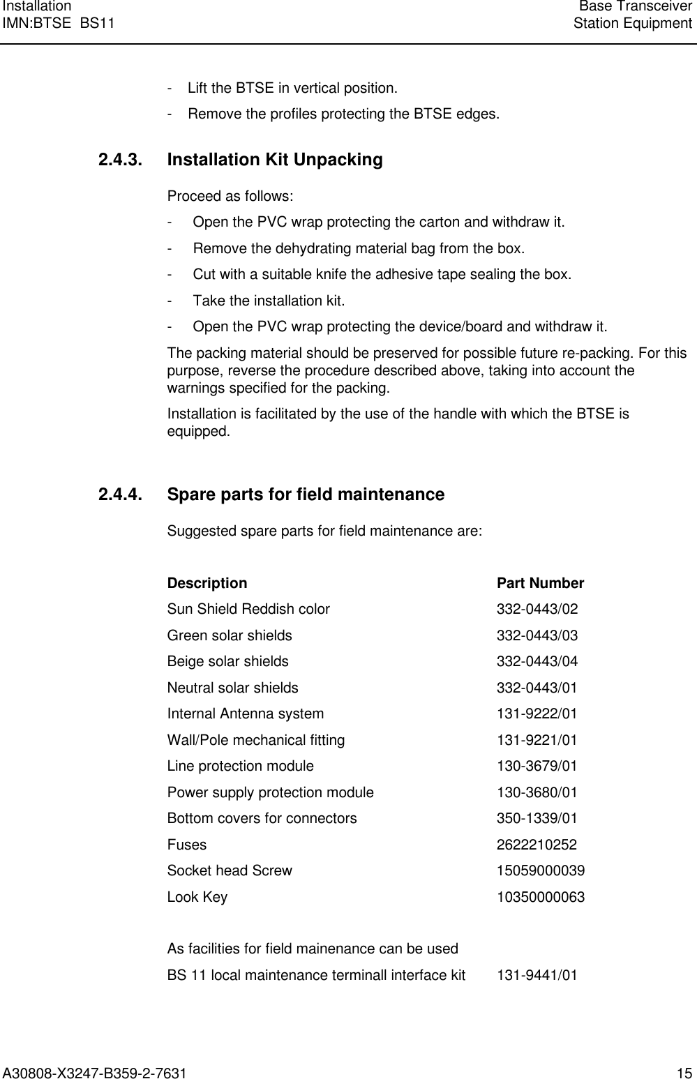  Installation Base TransceiverIMN:BTSE  BS11 Station EquipmentA30808-X3247-B359-2-7631 15 - Lift the BTSE in vertical position. - Remove the profiles protecting the BTSE edges. 2.4.3. Installation Kit Unpacking Proceed as follows: - Open the PVC wrap protecting the carton and withdraw it. - Remove the dehydrating material bag from the box. - Cut with a suitable knife the adhesive tape sealing the box. - Take the installation kit. - Open the PVC wrap protecting the device/board and withdraw it. The packing material should be preserved for possible future re-packing. For thispurpose, reverse the procedure described above, taking into account thewarnings specified for the packing. Installation is facilitated by the use of the handle with which the BTSE isequipped.  2.4.4. Spare parts for field maintenance Suggested spare parts for field maintenance are:  Description Part Number Sun Shield Reddish color 332-0443/02 Green solar shields 332-0443/03 Beige solar shields 332-0443/04 Neutral solar shields 332-0443/01 Internal Antenna system 131-9222/01 Wall/Pole mechanical fitting 131-9221/01 Line protection module 130-3679/01 Power supply protection module 130-3680/01 Bottom covers for connectors 350-1339/01 Fuses 2622210252 Socket head Screw 15059000039 Look Key 10350000063  As facilities for field mainenance can be used BS 11 local maintenance terminall interface kit 131-9441/01