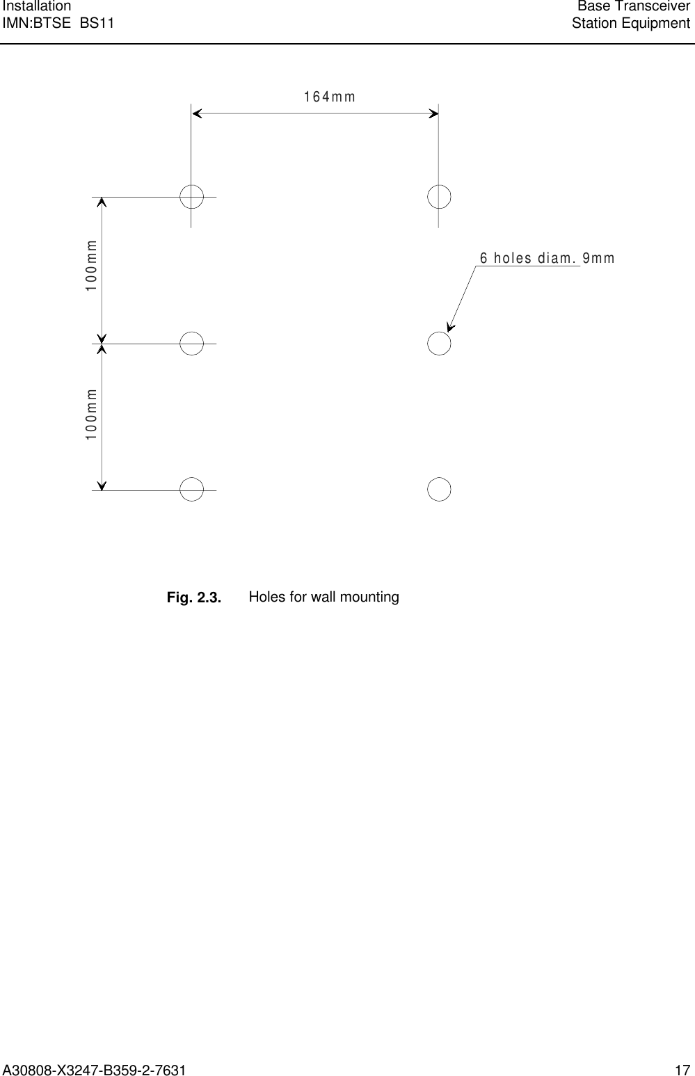  Installation Base TransceiverIMN:BTSE  BS11 Station EquipmentA30808-X3247-B359-2-7631 17 164mm100mm100mm6 holes diam. 9mm     Fig. 2.3. Holes for wall mounting