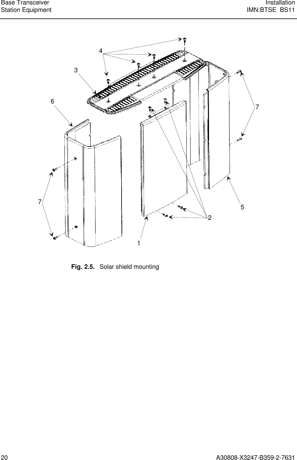  Base Transceiver InstallationStation Equipment IMN:BTSE  BS1120 A30808-X3247-B359-2-7631 43727156  Fig. 2.5. Solar shield mounting