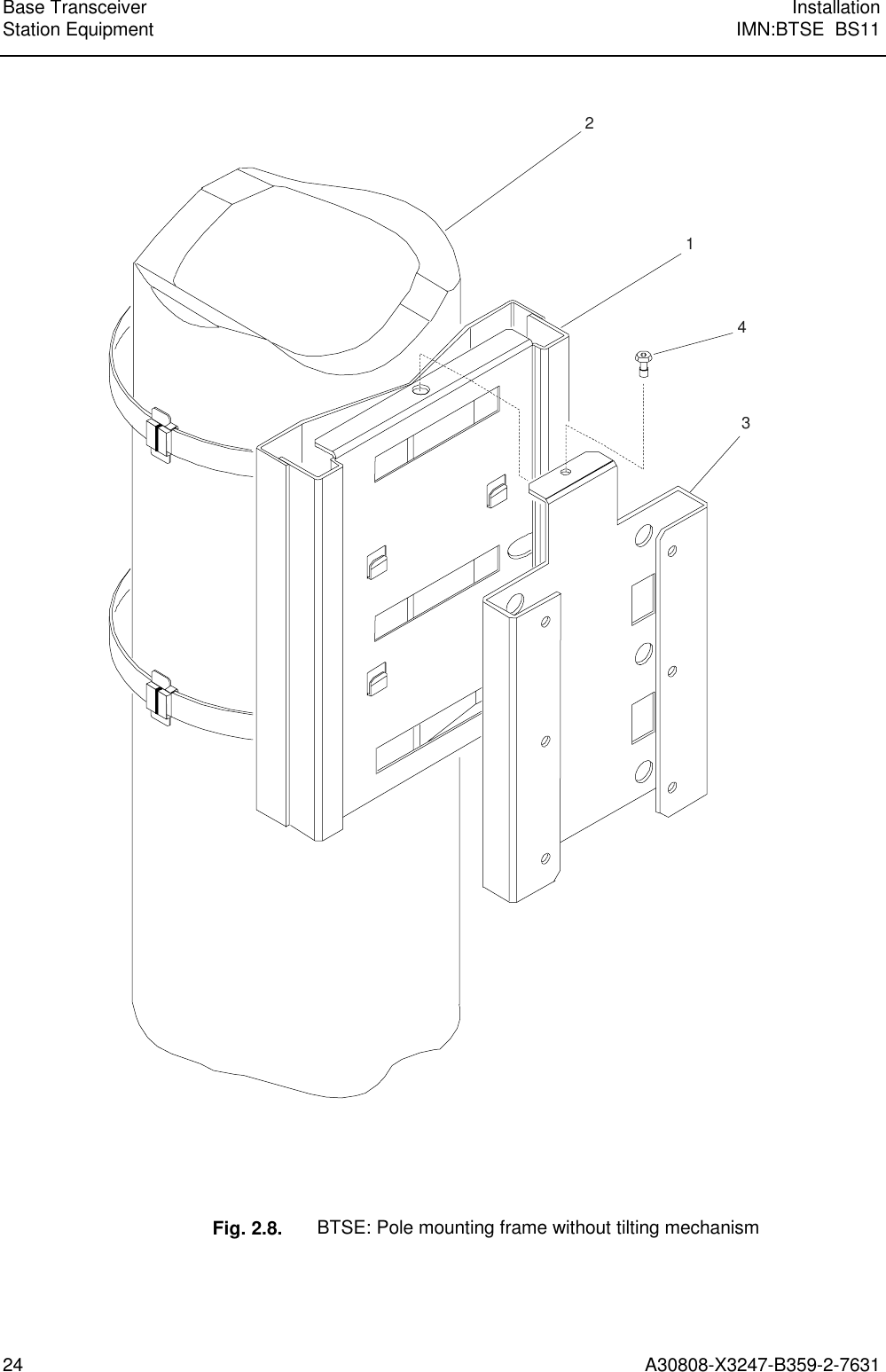  Base Transceiver InstallationStation Equipment IMN:BTSE  BS1124 A30808-X3247-B359-2-7631 2143    Fig. 2.8. BTSE: Pole mounting frame without tilting mechanism 