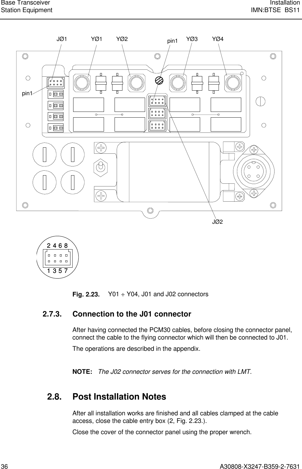  Base Transceiver InstallationStation Equipment IMN:BTSE  BS1136 A30808-X3247-B359-2-7631 JØ2JØ1 YØ1 YØ2 YØ3 YØ4pin1pin1 2143658721436587  Fig. 2.23. Y01 ÷ Y04, J01 and J02 connectors 2.7.3. Connection to the J01 connector After having connected the PCM30 cables, before closing the connector panel,connect the cable to the flying connector which will then be connected to J01. The operations are described in the appendix.  NOTE:   The J02 connector serves for the connection with LMT. 2.8. Post Installation Notes After all installation works are finished and all cables clamped at the cableaccess, close the cable entry box (2, Fig. 2.23.). Close the cover of the connector panel using the proper wrench.