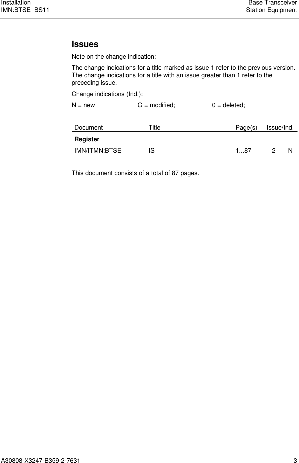 Installation Base TransceiverIMN:BTSE  BS11 Station EquipmentA30808-X3247-B359-2-7631 3IssuesNote on the change indication:The change indications for a title marked as issue 1 refer to the previous version.The change indications for a title with an issue greater than 1 refer to thepreceding issue.Change indications (Ind.):N = new G = modified; 0 = deleted;Document Title Page(s) Issue/Ind.RegisterIMN/ITMN:BTSE IS 1...87    2       NThis document consists of a total of 87 pages.