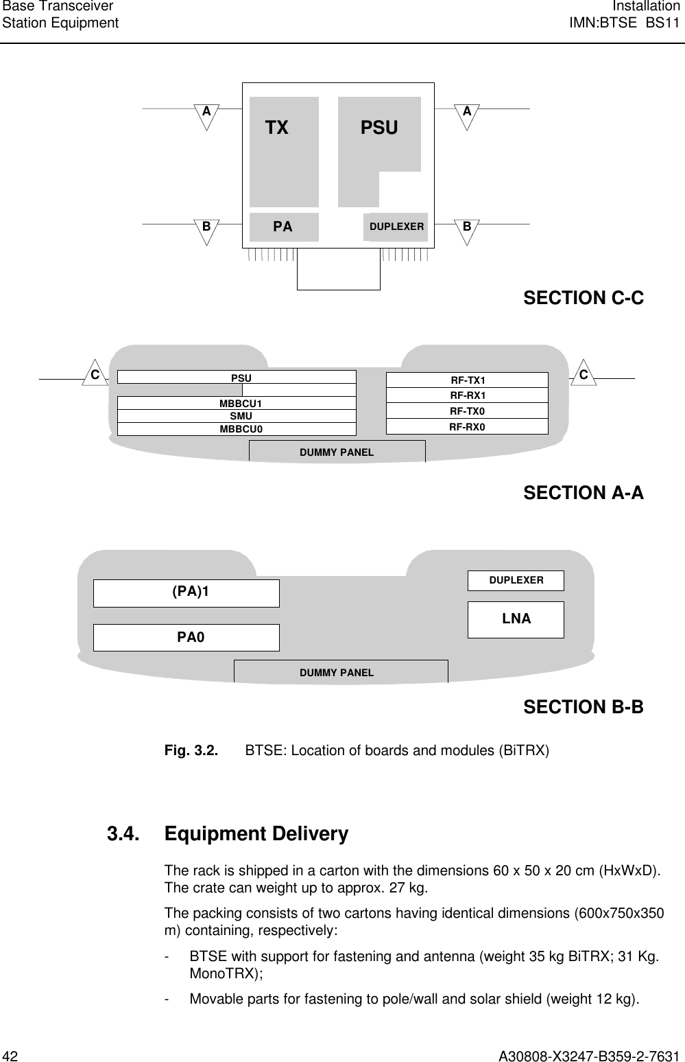  Base Transceiver InstallationStation Equipment IMN:BTSE  BS1142 A30808-X3247-B359-2-7631ABABPSUPA DUPLEXERSECTION C-CSECTION A-ASECTION B-B(PA)1PA0DUPLEXERLNATXCCRF-TX0RF-RX0SMUMBBCU0DUMMY PANELPSUDUMMY PANELMBBCU1RF-TX1RF-RX1Fig. 3.2. BTSE: Location of boards and modules (BiTRX)3.4. Equipment DeliveryThe rack is shipped in a carton with the dimensions 60 x 50 x 20 cm (HxWxD).The crate can weight up to approx. 27 kg.The packing consists of two cartons having identical dimensions (600x750x350m) containing, respectively:- BTSE with support for fastening and antenna (weight 35 kg BiTRX; 31 Kg.MonoTRX);- Movable parts for fastening to pole/wall and solar shield (weight 12 kg).