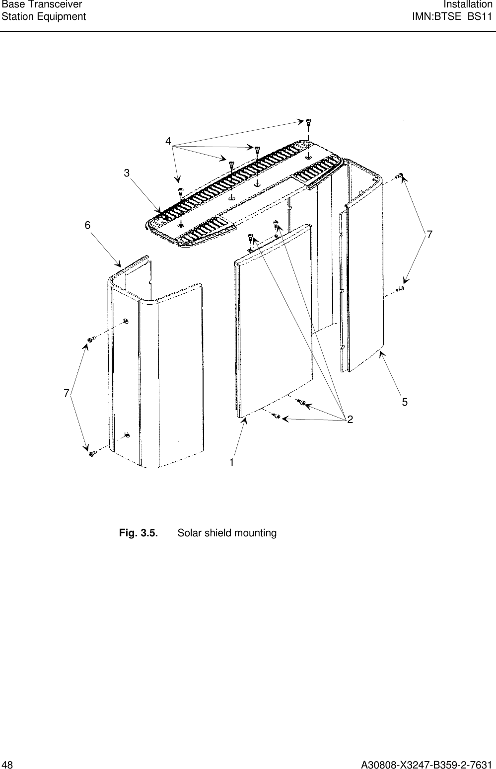  Base Transceiver InstallationStation Equipment IMN:BTSE  BS1148 A30808-X3247-B359-2-763143727156Fig. 3.5. Solar shield mounting