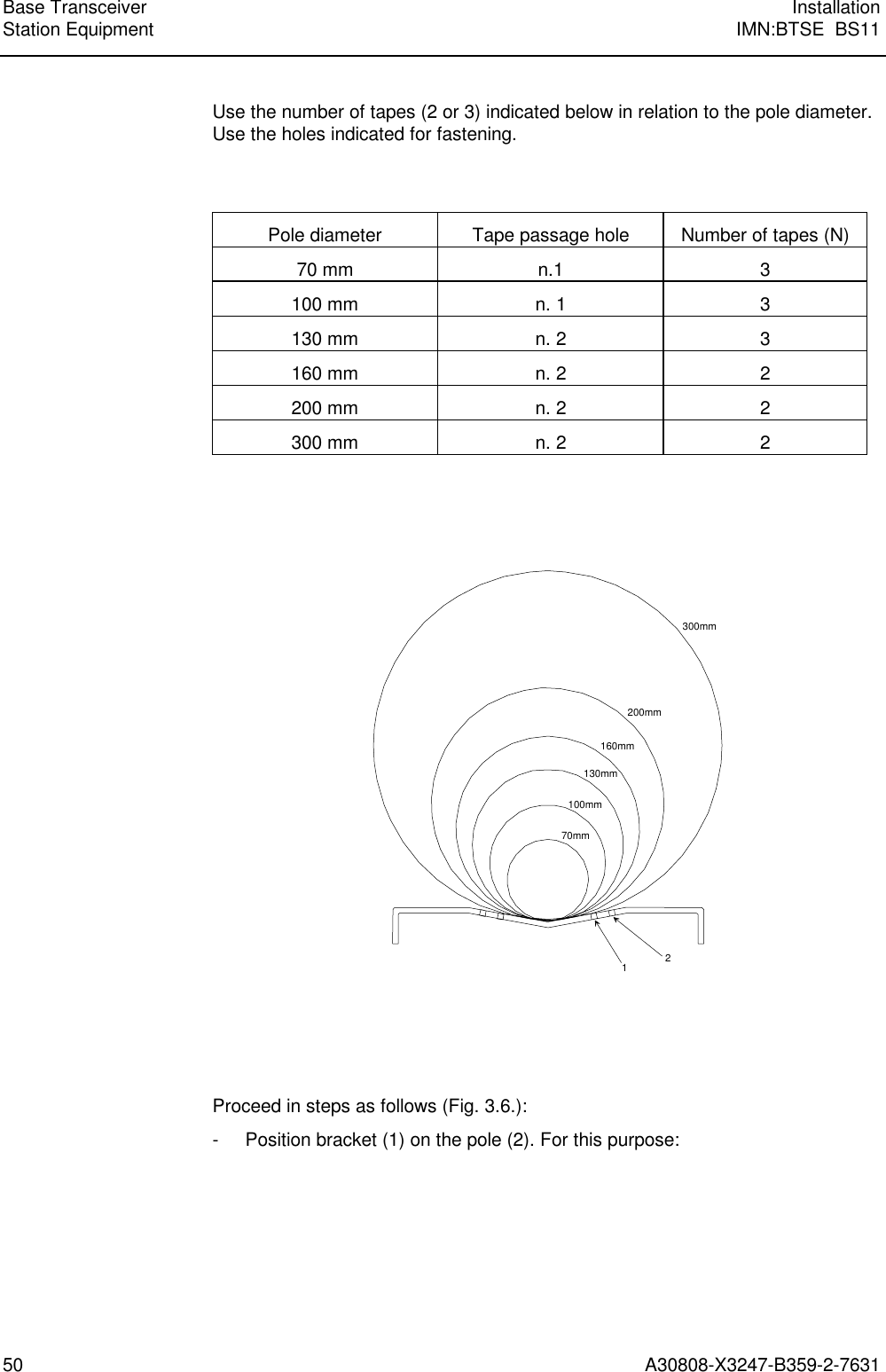  Base Transceiver InstallationStation Equipment IMN:BTSE  BS1150 A30808-X3247-B359-2-7631Use the number of tapes (2 or 3) indicated below in relation to the pole diameter.Use the holes indicated for fastening.Pole diameter Tape passage hole Number of tapes (N)70 mm n.1 3100 mm n. 1 3130 mm n. 2 3160 mm n. 2 2200 mm n. 2 2300 mm n. 2 270mm100mm130mm160mm200mm300mm21Proceed in steps as follows (Fig. 3.6.):- Position bracket (1) on the pole (2). For this purpose: