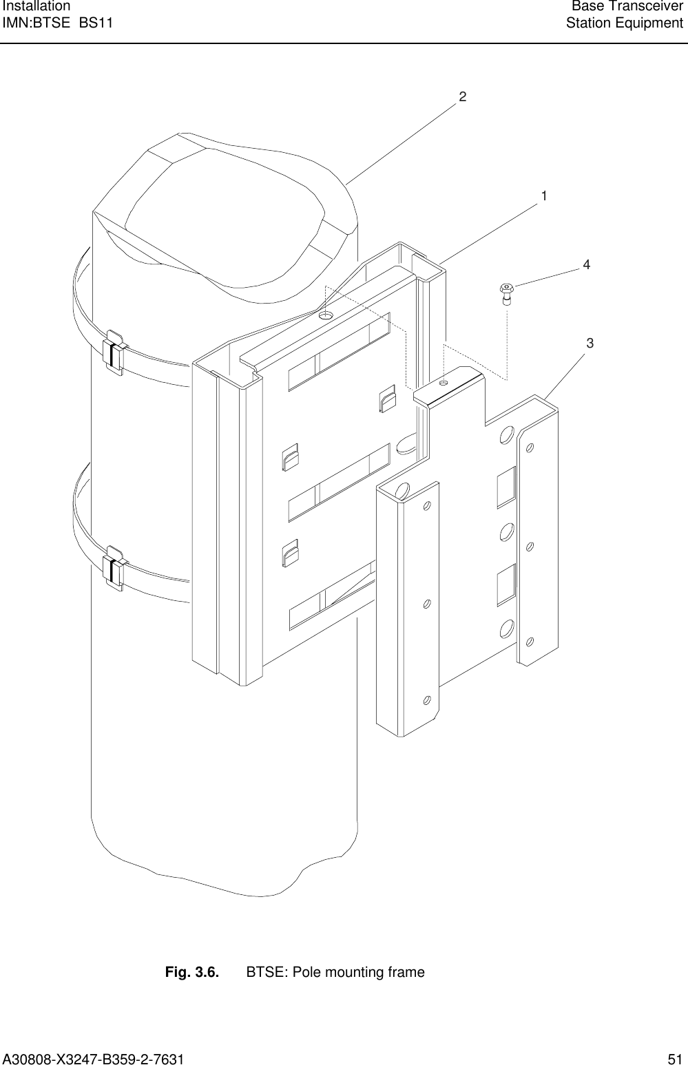  Installation Base TransceiverIMN:BTSE  BS11 Station EquipmentA30808-X3247-B359-2-7631 512143Fig. 3.6. BTSE: Pole mounting frame