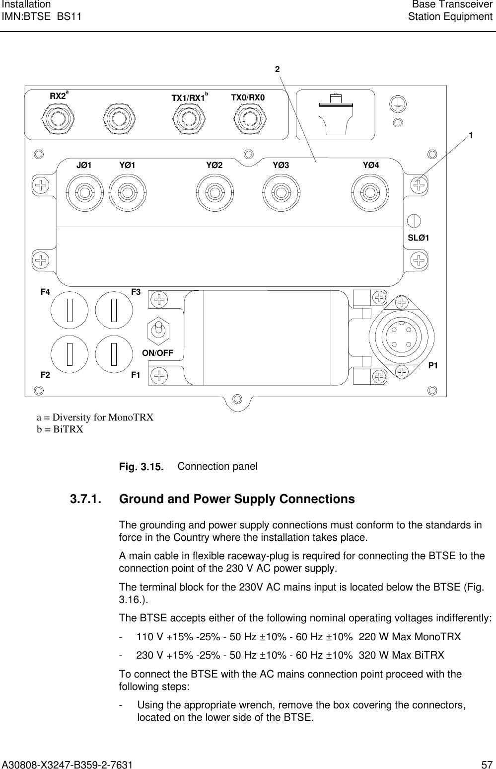  Installation Base TransceiverIMN:BTSE  BS11 Station EquipmentA30808-X3247-B359-2-7631 57RX2aTX0/RX0JØ1 YØ1 YØ2 YØ3 YØ4SLØ1P1F4 F3F2 F1ON/OFF21 a = Diversity for MonoTRX b = BiTRXTX1/RX1bFig. 3.15. Connection panel3.7.1. Ground and Power Supply ConnectionsThe grounding and power supply connections must conform to the standards inforce in the Country where the installation takes place.A main cable in flexible raceway-plug is required for connecting the BTSE to theconnection point of the 230 V AC power supply.The terminal block for the 230V AC mains input is located below the BTSE (Fig.3.16.).The BTSE accepts either of the following nominal operating voltages indifferently:- 110 V +15% -25% - 50 Hz ±10% - 60 Hz ±10%  220 W Max MonoTRX- 230 V +15% -25% - 50 Hz ±10% - 60 Hz ±10%  320 W Max BiTRXTo connect the BTSE with the AC mains connection point proceed with thefollowing steps:- Using the appropriate wrench, remove the box covering the connectors,located on the lower side of the BTSE.