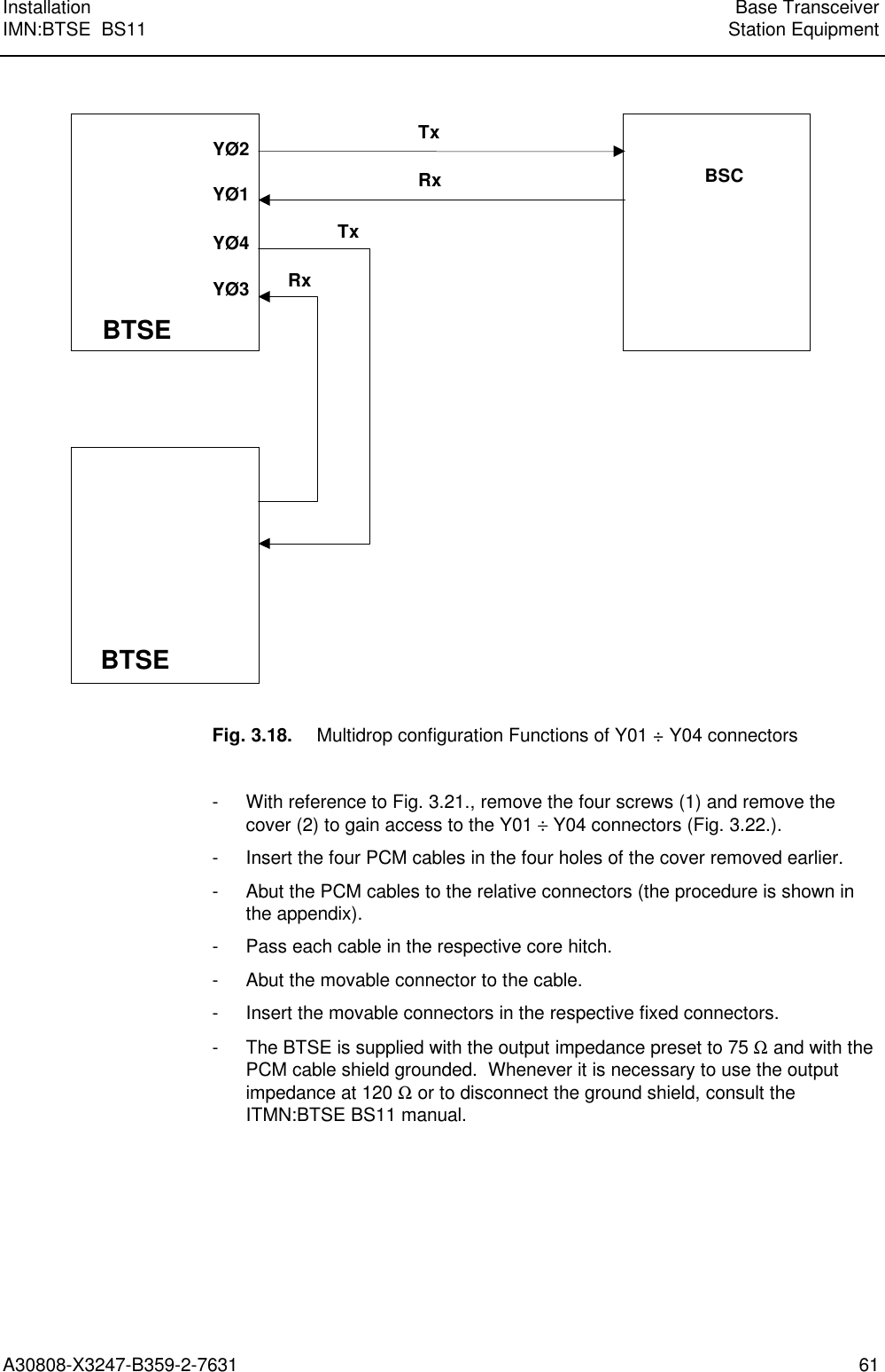  Installation Base TransceiverIMN:BTSE  BS11 Station EquipmentA30808-X3247-B359-2-7631 61YØ2BSCYØ4YØ3TxRxTxRxBTSEBTSEYØ1Fig. 3.18. Multidrop configuration Functions of Y01 ÷ Y04 connectors- With reference to Fig. 3.21., remove the four screws (1) and remove thecover (2) to gain access to the Y01 ÷ Y04 connectors (Fig. 3.22.).- Insert the four PCM cables in the four holes of the cover removed earlier.- Abut the PCM cables to the relative connectors (the procedure is shown inthe appendix).- Pass each cable in the respective core hitch.- Abut the movable connector to the cable.- Insert the movable connectors in the respective fixed connectors.- The BTSE is supplied with the output impedance preset to 75 Ω and with thePCM cable shield grounded.  Whenever it is necessary to use the outputimpedance at 120 Ω or to disconnect the ground shield, consult theITMN:BTSE BS11 manual.