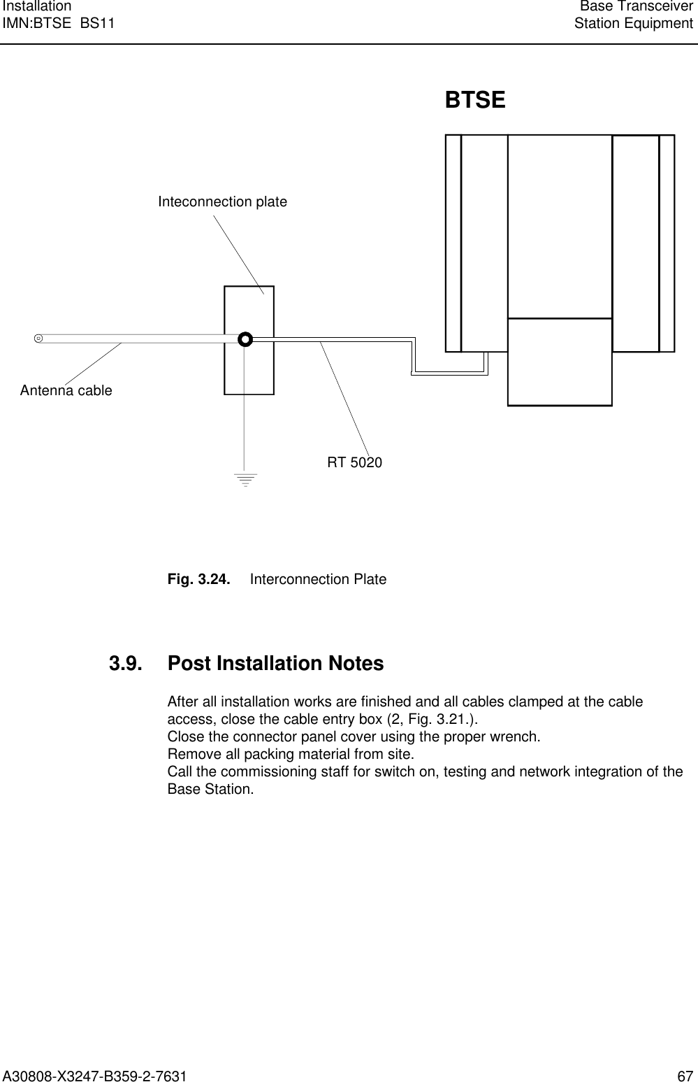  Installation Base TransceiverIMN:BTSE  BS11 Station EquipmentA30808-X3247-B359-2-7631 67Antenna cableInteconnection plateRT 5020BTSEFig. 3.24. Interconnection Plate3.9. Post Installation NotesAfter all installation works are finished and all cables clamped at the cableaccess, close the cable entry box (2, Fig. 3.21.).Close the connector panel cover using the proper wrench.Remove all packing material from site.Call the commissioning staff for switch on, testing and network integration of theBase Station.