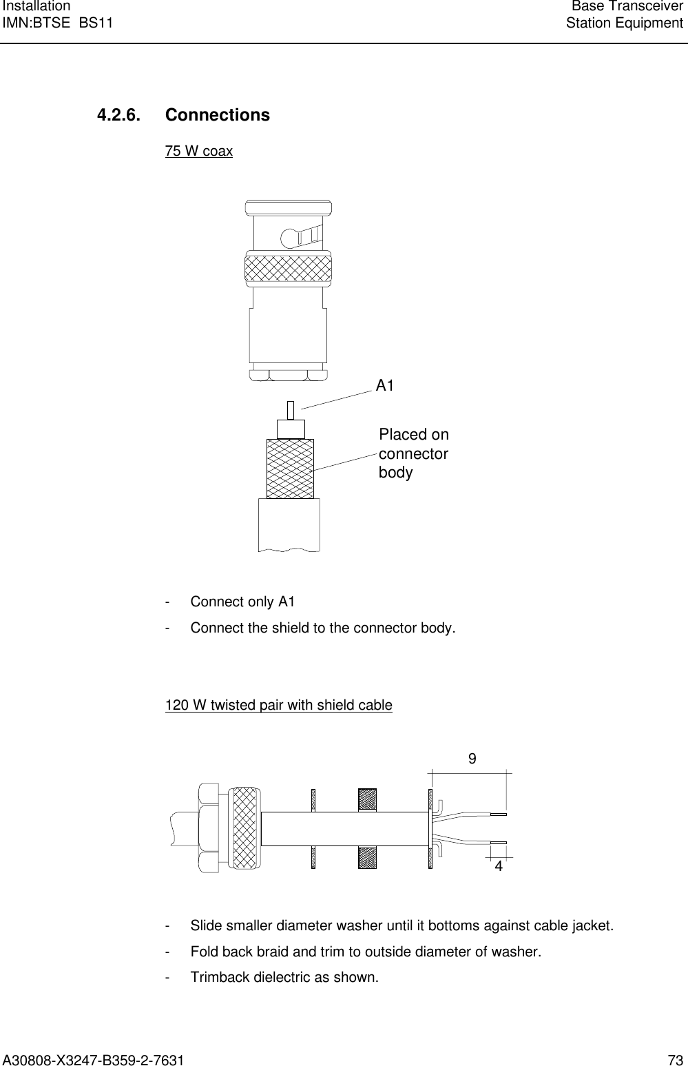 Installation Base TransceiverIMN:BTSE  BS11 Station EquipmentA30808-X3247-B359-2-7631 734.2.6. Connections75 W coaxA1Placed onconnectorbody- Connect only A1- Connect the shield to the connector body.120 W twisted pair with shield cable94- Slide smaller diameter washer until it bottoms against cable jacket.- Fold back braid and trim to outside diameter of washer.- Trimback dielectric as shown.