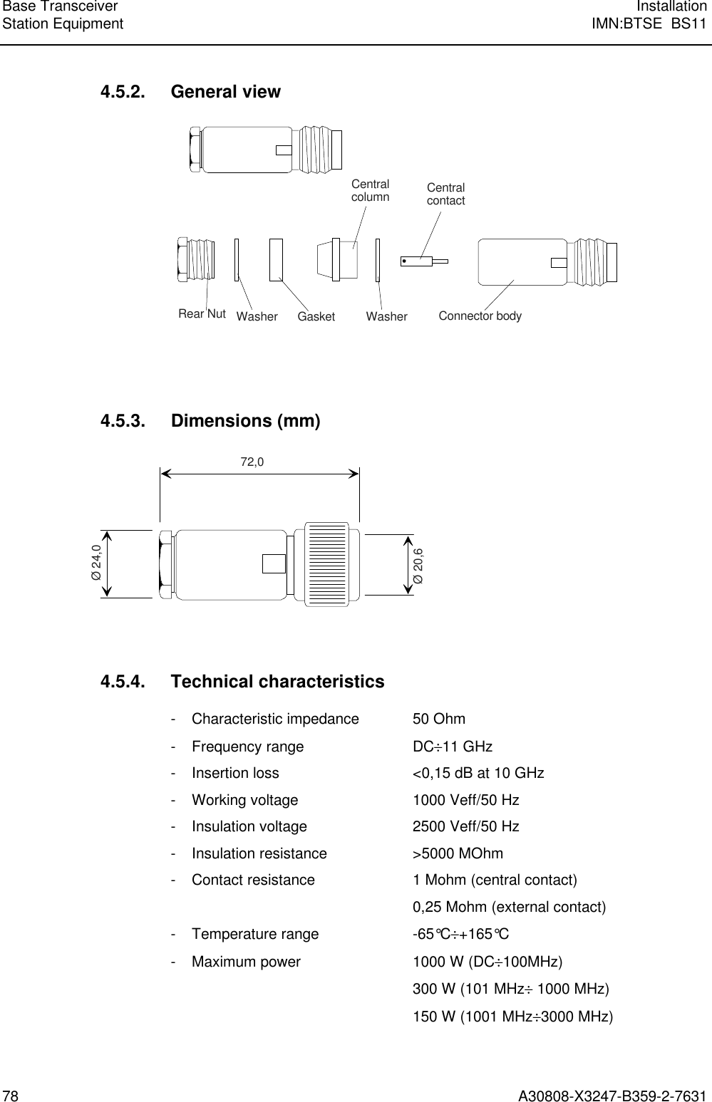 Base Transceiver InstallationStation Equipment IMN:BTSE  BS1178 A30808-X3247-B359-2-76314.5.2. General viewRear Nut Washer Gasket Washer Connector bodyCentralcontactCentralcolumn4.5.3. Dimensions (mm)72,0Ø 24,0Ø 20,64.5.4. Technical characteristics- Characteristic impedance 50 Ohm- Frequency range DC÷11 GHz- Insertion loss &lt;0,15 dB at 10 GHz- Working voltage 1000 Veff/50 Hz- Insulation voltage 2500 Veff/50 Hz- Insulation resistance &gt;5000 MOhm- Contact resistance 1 Mohm (central contact)0,25 Mohm (external contact)- Temperature range -65°C÷+165°C- Maximum power 1000 W (DC÷100MHz)300 W (101 MHz÷ 1000 MHz)150 W (1001 MHz÷3000 MHz)