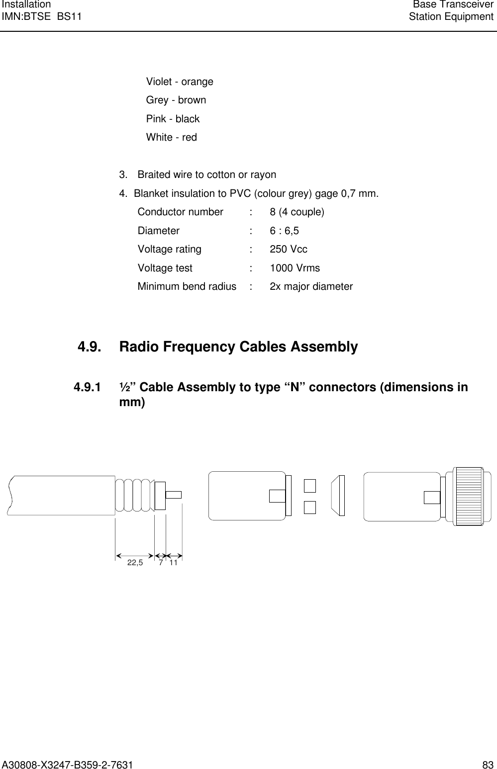 Installation Base TransceiverIMN:BTSE  BS11 Station EquipmentA30808-X3247-B359-2-7631 83Violet - orangeGrey - brownPink - blackWhite - red3. Braited wire to cotton or rayon4.  Blanket insulation to PVC (colour grey) gage 0,7 mm.Conductor number : 8 (4 couple)Diameter : 6 : 6,5Voltage rating : 250 VccVoltage test : 1000 VrmsMinimum bend radius : 2x major diameter4.9. Radio Frequency Cables Assembly4.9.1 ½” Cable Assembly to type “N” connectors (dimensions inmm)22,5 7 11