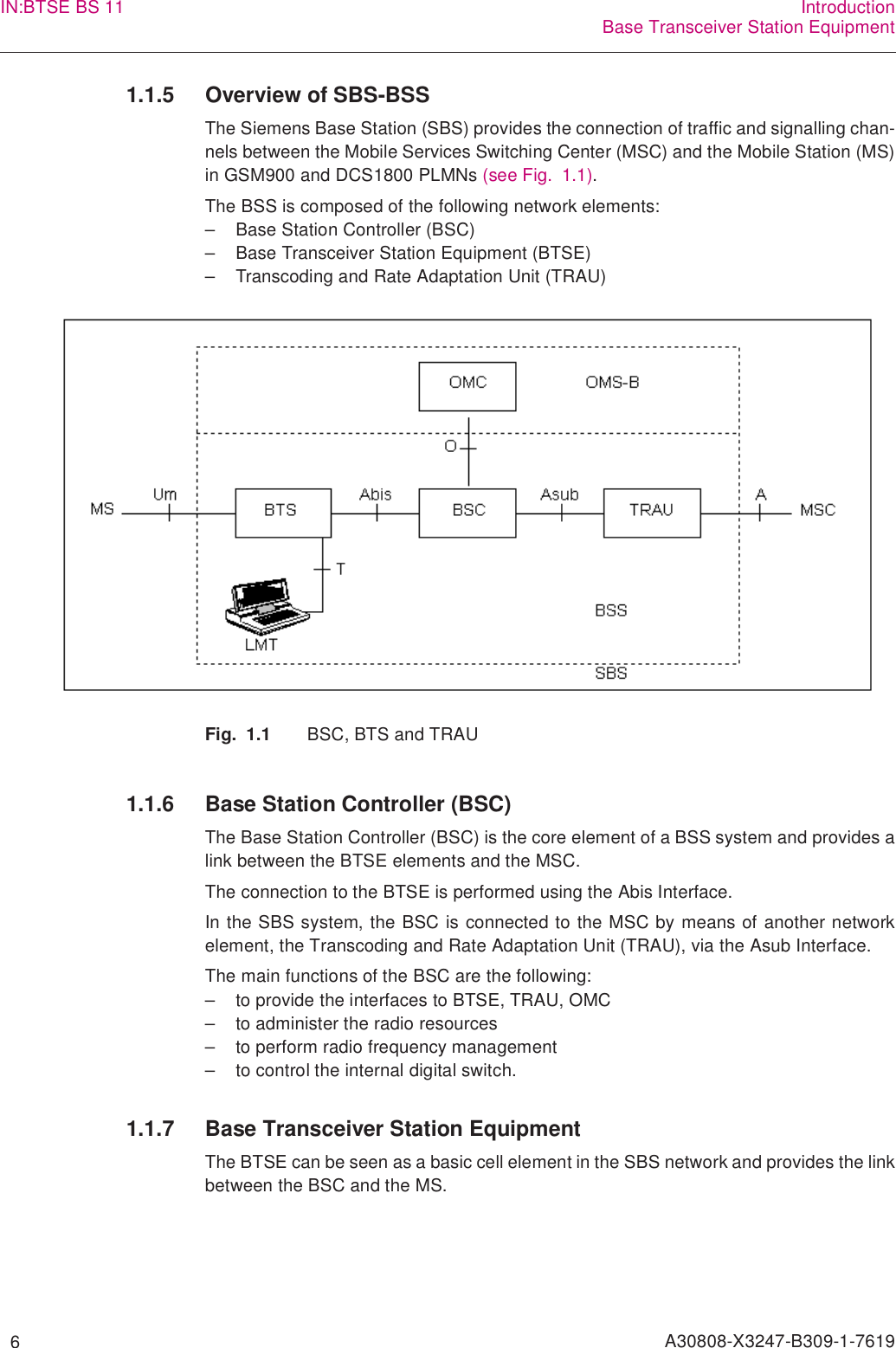   6 A30808-X3247-B309-1-7619IN:BTSE BS 11 IntroductionBase Transceiver Station Equipment1.1.5 Overview of SBS-BSSThe Siemens Base Station (SBS) provides the connection of traffic and signalling chan-nels between the Mobile Services Switching Center (MSC) and the Mobile Station (MS)in GSM900 and DCS1800 PLMNs (see Fig. 1.1).The BSS is composed of the following network elements:– Base Station Controller (BSC)– Base Transceiver Station Equipment (BTSE)– Transcoding and Rate Adaptation Unit (TRAU)Fig. 1.1 BSC, BTS and TRAU1.1.6 Base Station Controller (BSC)The Base Station Controller (BSC) is the core element of a BSS system and provides alink between the BTSE elements and the MSC.The connection to the BTSE is performed using the Abis Interface.In the SBS system, the BSC is connected to the MSC by means of another networkelement, the Transcoding and Rate Adaptation Unit (TRAU), via the Asub Interface.The main functions of the BSC are the following:– to provide the interfaces to BTSE, TRAU, OMC– to administer the radio resources– to perform radio frequency management– to control the internal digital switch.1.1.7 Base Transceiver Station EquipmentThe BTSE can be seen as a basic cell element in the SBS network and provides the linkbetween the BSC and the MS.