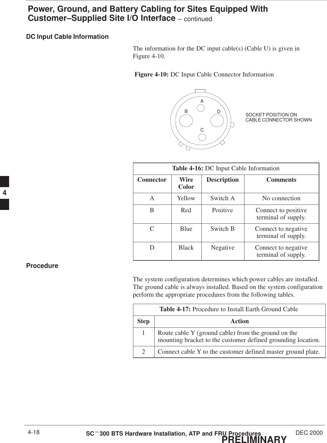 Power, Ground, and Battery Cabling for Sites Equipped WithCustomer–Supplied Site I/O Interface – continuedPRELIMINARYSCt300 BTS Hardware Installation, ATP and FRU Procedures DEC 20004-18DC Input Cable InformationThe information for the DC input cable(s) (Cable U) is given inFigure 4-10.Figure 4-10: DC Input Cable Connector InformationABCDSOCKET POSITION ONCABLE CONNECTOR SHOWNTable 4-16: DC Input Cable InformationConnector WireColor Description CommentsA Yellow Switch A No connectionB Red Positive Connect to positiveterminal of supply.C Blue Switch B Connect to negativeterminal of supply.D Black Negative Connect to negativeterminal of supply.ProcedureThe system configuration determines which power cables are installed.The ground cable is always installed. Based on the system configurationperform the appropriate procedures from the following tables.Table 4-17: Procedure to Install Earth Ground CableStep Action1Route cable Y (ground cable) from the ground on themounting bracket to the customer defined grounding location.2Connect cable Y to the customer defined master ground plate.4