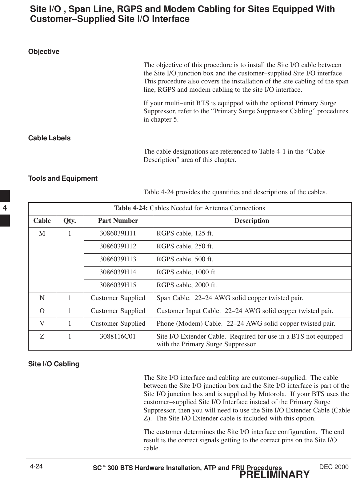 Site I/O , Span Line, RGPS and Modem Cabling for Sites Equipped WithCustomer–Supplied Site I/O InterfacePRELIMINARYSCt300 BTS Hardware Installation, ATP and FRU Procedures DEC 20004-24ObjectiveThe objective of this procedure is to install the Site I/O cable betweenthe Site I/O junction box and the customer–supplied Site I/O interface.This procedure also covers the installation of the site cabling of the spanline, RGPS and modem cabling to the site I/O interface.If your multi–unit BTS is equipped with the optional Primary SurgeSuppressor, refer to the “Primary Surge Suppressor Cabling” proceduresin chapter 5.Cable LabelsThe cable designations are referenced to Table 4-1 in the “CableDescription” area of this chapter.Tools and EquipmentTable 4-24 provides the quantities and descriptions of the cables.Table 4-24: Cables Needed for Antenna ConnectionsCable Qty. Part Number DescriptionM 1 3086039H11 RGPS cable, 125 ft.3086039H12 RGPS cable, 250 ft.3086039H13 RGPS cable, 500 ft.3086039H14 RGPS cable, 1000 ft.3086039H15 RGPS cable, 2000 ft.N 1 Customer Supplied Span Cable.  22–24 AWG solid copper twisted pair.O 1 Customer Supplied Customer Input Cable.  22–24 AWG solid copper twisted pair.V 1 Customer Supplied Phone (Modem) Cable.  22–24 AWG solid copper twisted pair.Z 1 3088116C01 Site I/O Extender Cable.  Required for use in a BTS not equippedwith the Primary Surge Suppressor.Site I/O CablingThe Site I/O interface and cabling are customer–supplied.  The cablebetween the Site I/O junction box and the Site I/O interface is part of theSite I/O junction box and is supplied by Motorola.  If your BTS uses thecustomer–supplied Site I/O Interface instead of the Primary SurgeSuppressor, then you will need to use the Site I/O Extender Cable (CableZ).  The Site I/O Extender cable is included with this option.The customer determines the Site I/O interface configuration.  The endresult is the correct signals getting to the correct pins on the Site I/Ocable.4