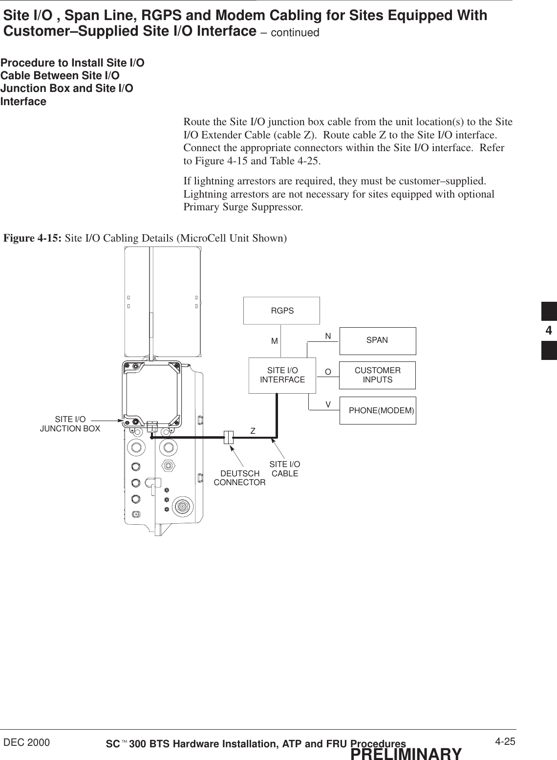 Site I/O , Span Line, RGPS and Modem Cabling for Sites Equipped WithCustomer–Supplied Site I/O Interface – continuedDEC 2000 4-25SCt300 BTS Hardware Installation, ATP and FRU ProceduresPRELIMINARYProcedure to Install Site I/OCable Between Site I/OJunction Box and Site I/OInterface Route the Site I/O junction box cable from the unit location(s) to the SiteI/O Extender Cable (cable Z).  Route cable Z to the Site I/O interface.Connect the appropriate connectors within the Site I/O interface.  Referto Figure 4-15 and Table 4-25.If lightning arrestors are required, they must be customer–supplied.Lightning arrestors are not necessary for sites equipped with optionalPrimary Surge Suppressor.Figure 4-15: Site I/O Cabling Details (MicroCell Unit Shown)CUSTOMERINPUTSSPANRGPSPHONE(MODEM)SITE I/OINTERFACESITE I/OJUNCTION BOXSITE I/OCABLEMNOVZDEUTSCHCONNECTOR4