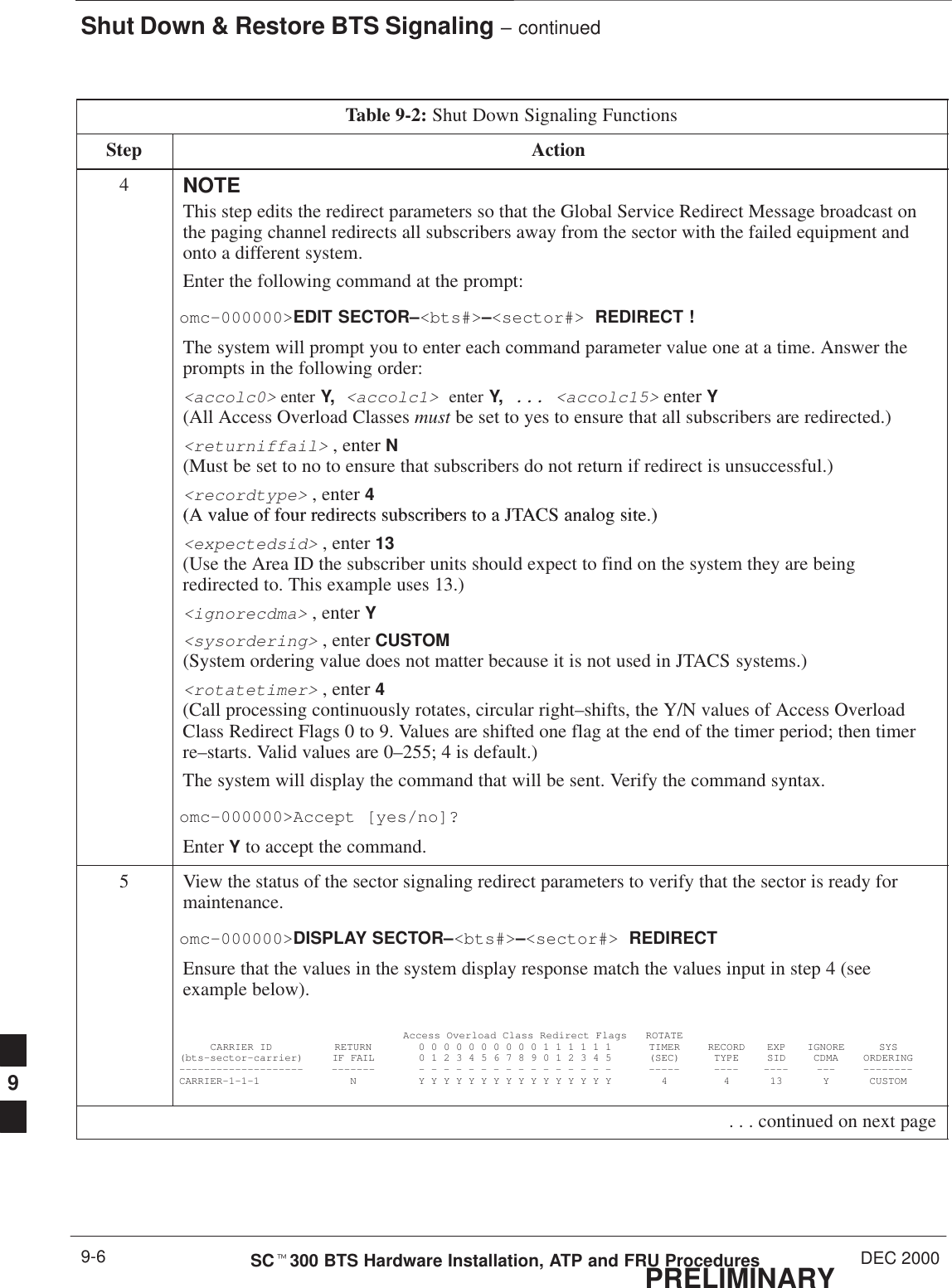 Shut Down &amp; Restore BTS Signaling – continuedPRELIMINARYSCt300 BTS Hardware Installation, ATP and FRU Procedures DEC 20009-6Table 9-2: Shut Down Signaling FunctionsStep Action4NOTEThis step edits the redirect parameters so that the Global Service Redirect Message broadcast onthe paging channel redirects all subscribers away from the sector with the failed equipment andonto a different system.Enter the following command at the prompt:omc–000000&gt;EDIT SECTOR–&lt;bts#&gt;–&lt;sector#&gt; REDIRECT !The system will prompt you to enter each command parameter value one at a time. Answer theprompts in the following order:&lt;accolc0&gt; enter Y, &lt;accolc1&gt; enter Y, ... &lt;accolc15&gt; enter Y(All Access Overload Classes must be set to yes to ensure that all subscribers are redirected.)&lt;returniffail&gt; , enter N(Must be set to no to ensure that subscribers do not return if redirect is unsuccessful.)&lt;recordtype&gt; , enter 4 (A value of four redirects subscribers to a JTACS analog site )(A value of four redirects subscribers to a JTACS analog site.)&lt;expectedsid&gt; , enter 13 (Use the Area ID the subscriber units should expect to find on the system they are beingredirected to. This example uses 13.)&lt;ignorecdma&gt; , enter Y&lt;sysordering&gt; , enter CUSTOM (System ordering value does not matter because it is not used in JTACS systems.)&lt;rotatetimer&gt; , enter 4 (Call processing continuously rotates, circular right–shifts, the Y/N values of Access OverloadClass Redirect Flags 0 to 9. Values are shifted one flag at the end of the timer period; then timerre–starts. Valid values are 0–255; 4 is default.)The system will display the command that will be sent. Verify the command syntax.omc–000000&gt;Accept [yes/no]?Enter Y to accept the command.5View the status of the sector signaling redirect parameters to verify that the sector is ready formaintenance.omc–000000&gt;DISPLAY SECTOR–&lt;bts#&gt;–&lt;sector#&gt; REDIRECTEnsure that the values in the system display response match the values input in step 4 (seeexample below).Access Overload Class Redirect Flags ROTATECARRIER ID RETURN 0 0 0 0 0 0 0 0 0 0 1 1 1 1 1 1 TIMER RECORD EXP IGNORE SYS(bts–sector–carrier) IF FAIL 0 1 2 3 4 5 6 7 8 9 0 1 2 3 4 5 (SEC) TYPE SID CDMA ORDERING–––––––––––––––––––– ––––––– – – – – – – – – – – – – – – – – ––––– –––– –––– ––– ––––––––CARRIER–1–1–1 N Y Y Y Y Y Y Y Y Y Y Y Y Y Y Y Y 4 4 13 Y CUSTOM . . . continued on next page9