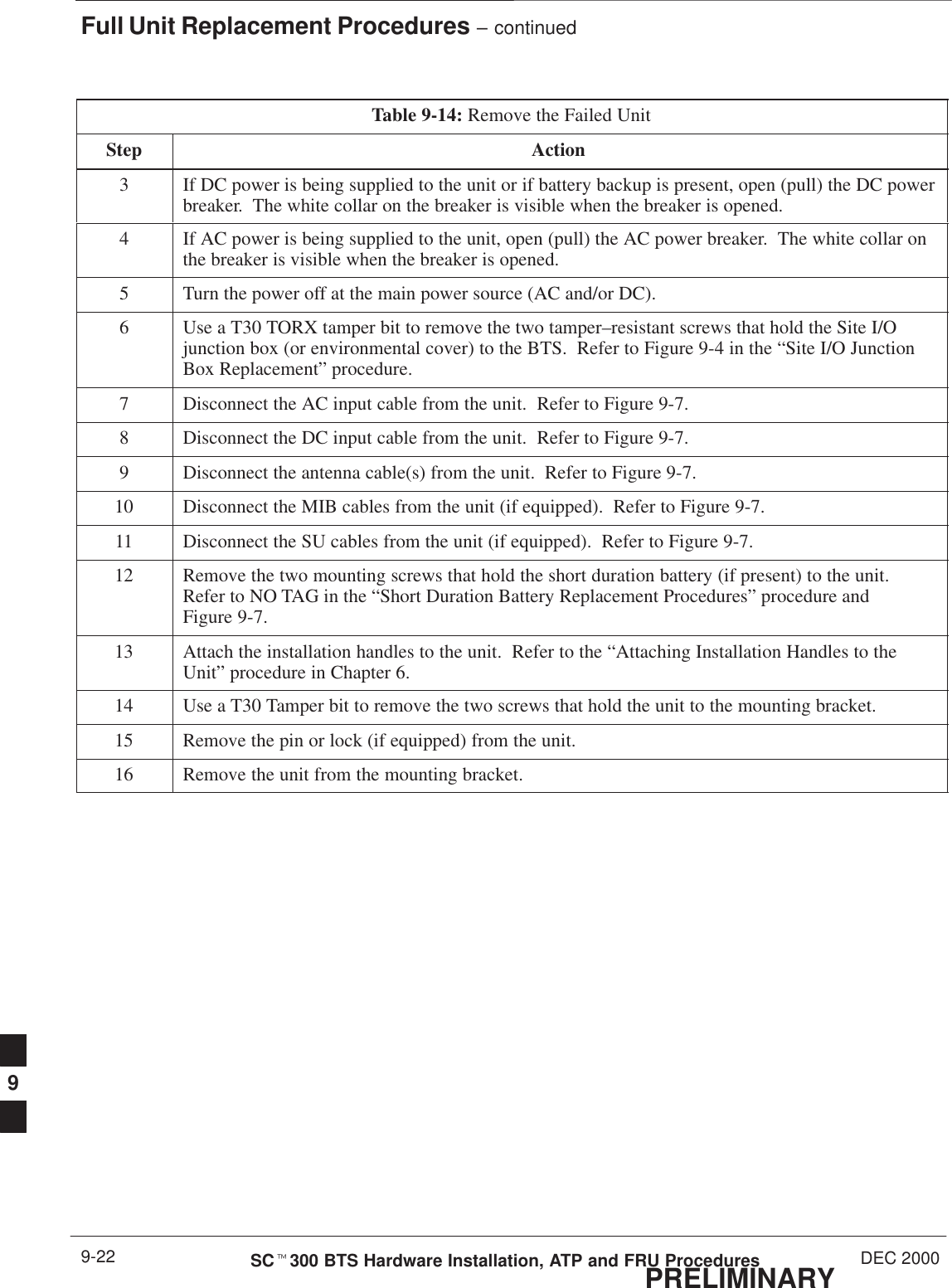 Full Unit Replacement Procedures – continuedPRELIMINARYSCt300 BTS Hardware Installation, ATP and FRU Procedures DEC 20009-22Table 9-14: Remove the Failed UnitStep Action3If DC power is being supplied to the unit or if battery backup is present, open (pull) the DC powerbreaker.  The white collar on the breaker is visible when the breaker is opened.4If AC power is being supplied to the unit, open (pull) the AC power breaker.  The white collar onthe breaker is visible when the breaker is opened.5Turn the power off at the main power source (AC and/or DC).6Use a T30 TORX tamper bit to remove the two tamper–resistant screws that hold the Site I/Ojunction box (or environmental cover) to the BTS.  Refer to Figure 9-4 in the “Site I/O JunctionBox Replacement” procedure.7Disconnect the AC input cable from the unit.  Refer to Figure 9-7.8Disconnect the DC input cable from the unit.  Refer to Figure 9-7.9Disconnect the antenna cable(s) from the unit.  Refer to Figure 9-7.10 Disconnect the MIB cables from the unit (if equipped).  Refer to Figure 9-7.11 Disconnect the SU cables from the unit (if equipped).  Refer to Figure 9-7.12 Remove the two mounting screws that hold the short duration battery (if present) to the unit.Refer to NO TAG in the “Short Duration Battery Replacement Procedures” procedure andFigure 9-7.13 Attach the installation handles to the unit.  Refer to the “Attaching Installation Handles to theUnit” procedure in Chapter 6.14 Use a T30 Tamper bit to remove the two screws that hold the unit to the mounting bracket.15 Remove the pin or lock (if equipped) from the unit.16 Remove the unit from the mounting bracket.9