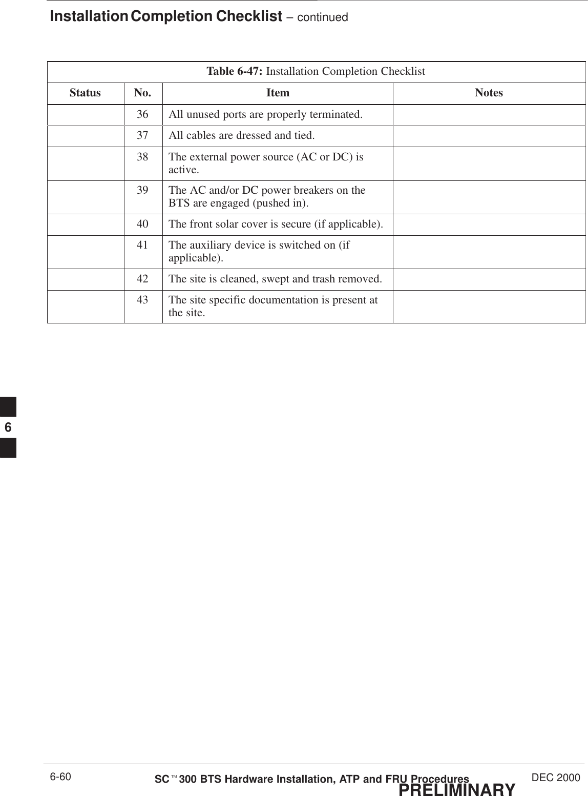 Installation Completion Checklist – continuedPRELIMINARYSCt300 BTS Hardware Installation, ATP and FRU Procedures DEC 20006-60Table 6-47: Installation Completion ChecklistStatus NotesItemNo.36 All unused ports are properly terminated.37 All cables are dressed and tied.38 The external power source (AC or DC) isactive.39 The AC and/or DC power breakers on theBTS are engaged (pushed in).40 The front solar cover is secure (if applicable).41 The auxiliary device is switched on (ifapplicable).42 The site is cleaned, swept and trash removed.43 The site specific documentation is present atthe site.6