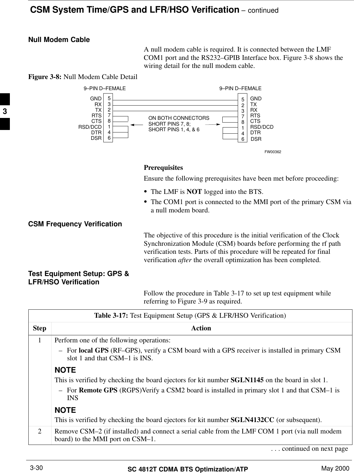 CSM System Time/GPS and LFR/HSO Verification – continuedSC 4812T CDMA BTS Optimization/ATP May 20003-30Null Modem CableA null modem cable is required. It is connected between the LMFCOM1 port and the RS232–GPIB Interface box. Figure 3-8 shows thewiring detail for the null modem cable.Figure 3-8: Null Modem Cable Detail53278146GNDRXTXRTSCTSRSD/DCDDTRGNDTXRXRTSCTSRSD/DCDDTRON BOTH CONNECTORSSHORT PINS 7, 8;SHORT PINS 1, 4, &amp; 69–PIN D–FEMALE 9–PIN D–FEMALE52378146 DSR DSRFW00362PrerequisitesEnsure the following prerequisites have been met before proceeding:SThe LMF is NOT logged into the BTS.SThe COM1 port is connected to the MMI port of the primary CSM viaa null modem board.CSM Frequency VerificationThe objective of this procedure is the initial verification of the ClockSynchronization Module (CSM) boards before performing the rf pathverification tests. Parts of this procedure will be repeated for finalverification after the overall optimization has been completed.Test Equipment Setup: GPS &amp;LFR/HSO VerificationFollow the procedure in Table 3-17 to set up test equipment whilereferring to Figure 3-9 as required.Table 3-17: Test Equipment Setup (GPS &amp; LFR/HSO Verification)Step Action1Perform one of the following operations:– For local GPS (RF–GPS), verify a CSM board with a GPS receiver is installed in primary CSMslot 1 and that CSM–1 is INS.NOTEThis is verified by checking the board ejectors for kit number SGLN1145 on the board in slot 1.– For Remote GPS (RGPS)Verify a CSM2 board is installed in primary slot 1 and that CSM–1 isINSNOTEThis is verified by checking the board ejectors for kit number SGLN4132CC (or subsequent).2Remove CSM–2 (if installed) and connect a serial cable from the LMF COM 1 port (via null modemboard) to the MMI port on CSM–1.. . . continued on next page3