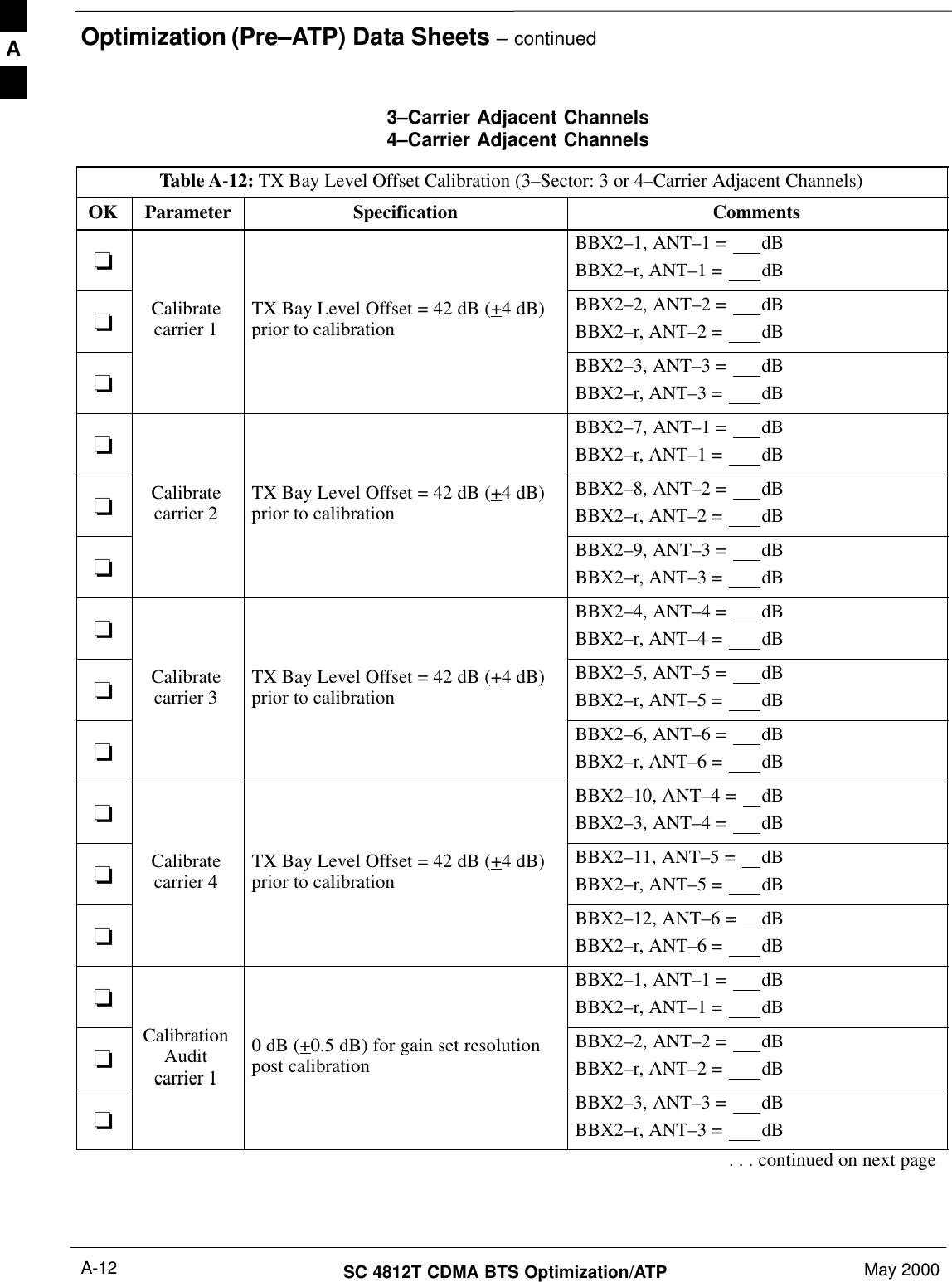 Optimization (Pre–ATP) Data Sheets – continuedSC 4812T CDMA BTS Optimization/ATP May 2000A-123–Carrier Adjacent Channels4–Carrier Adjacent ChannelsTable A-12: TX Bay Level Offset Calibration (3–Sector: 3 or 4–Carrier Adjacent Channels)OK Parameter Specification Comments-BBX2–1, ANT–1 =  dBBBX2–r, ANT–1 =  dB-Calibratecarrier 1 TX Bay Level Offset = 42 dB (+4 dB)prior to calibrationBBX2–2, ANT–2 =  dBBBX2–r, ANT–2 =  dB-BBX2–3, ANT–3 =  dBBBX2–r, ANT–3 =  dB-BBX2–7, ANT–1 =  dBBBX2–r, ANT–1 =  dB-Calibratecarrier 2 TX Bay Level Offset = 42 dB (+4 dB)prior to calibrationBBX2–8, ANT–2 =  dBBBX2–r, ANT–2 =  dB-BBX2–9, ANT–3 =  dBBBX2–r, ANT–3 =  dB-BBX2–4, ANT–4 =  dBBBX2–r, ANT–4 =  dB-Calibratecarrier 3 TX Bay Level Offset = 42 dB (+4 dB)prior to calibrationBBX2–5, ANT–5 =  dBBBX2–r, ANT–5 =  dB-BBX2–6, ANT–6 =  dBBBX2–r, ANT–6 =  dB-BBX2–10, ANT–4 =  dBBBX2–3, ANT–4 =  dB-Calibratecarrier 4 TX Bay Level Offset = 42 dB (+4 dB)prior to calibrationBBX2–11, ANT–5 =  dBBBX2–r, ANT–5 =  dB-BBX2–12, ANT–6 =  dBBBX2–r, ANT–6 =  dB-BBX2–1, ANT–1 =  dBBBX2–r, ANT–1 =  dB-CalibrationAuditcarrier 10 dB (+0.5 dB) for gain set resolutionpost calibrationBBX2–2, ANT–2 =  dBBBX2–r, ANT–2 =  dB-carrier 1BBX2–3, ANT–3 =  dBBBX2–r, ANT–3 =  dB. . . continued on next pageA